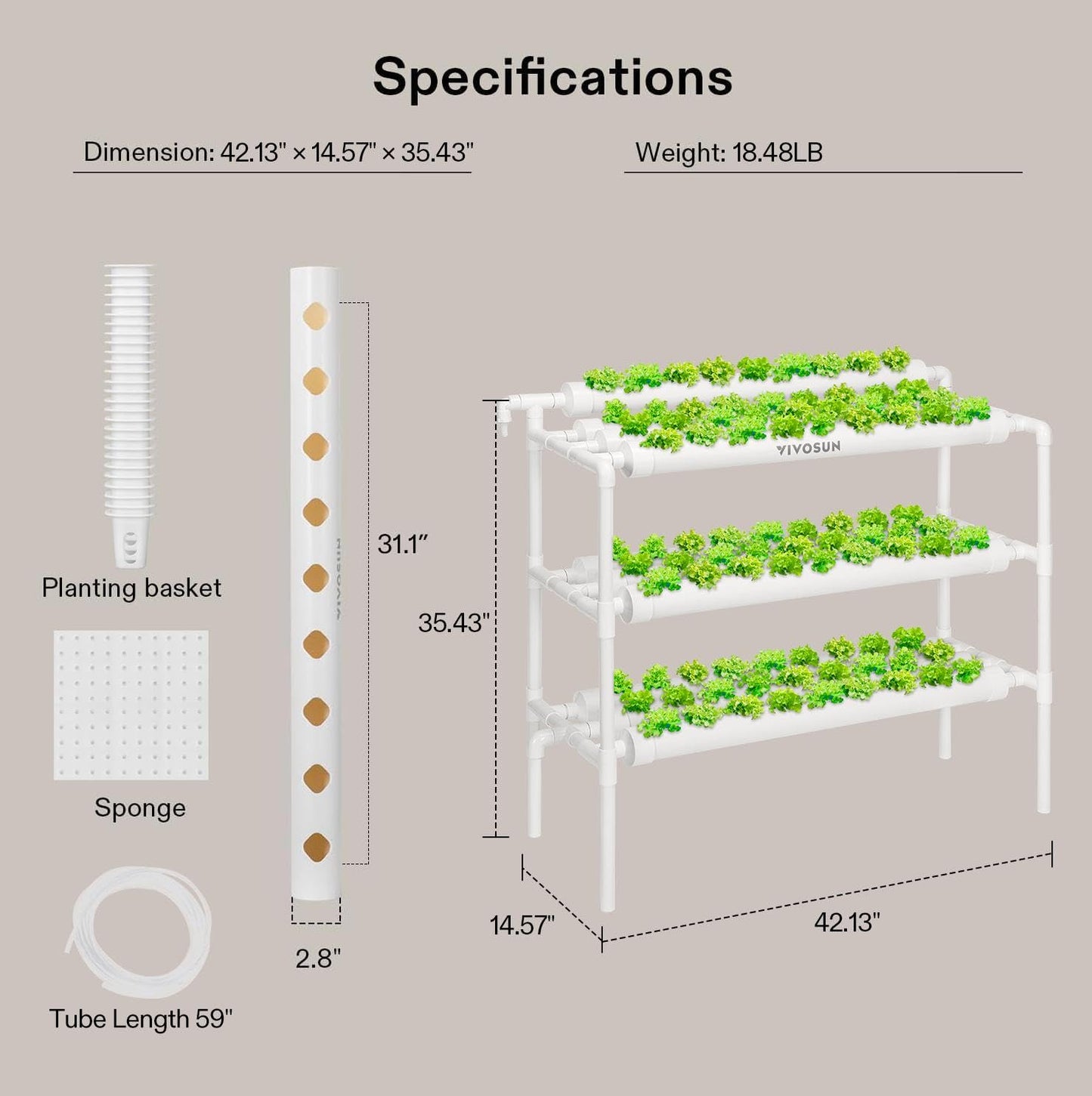 VIVOSUN Hydroponics Growing System 108 Plant Sites, 3 Layers 12 Food-Grade PVC-U Pipes Gardening System Grow Kit with Water Pump Timer, Nest Basket and Sponge for Leafy Vegetables