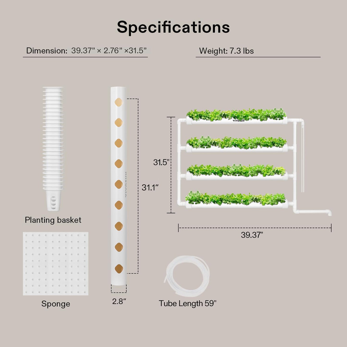 VIVOSUN Hydroponics Growing System 108 Plant Sites, 3 Layers 12 Food-Grade PVC-U Pipes Gardening System Grow Kit with Water Pump Timer, Nest Basket and Sponge for Leafy Vegetables