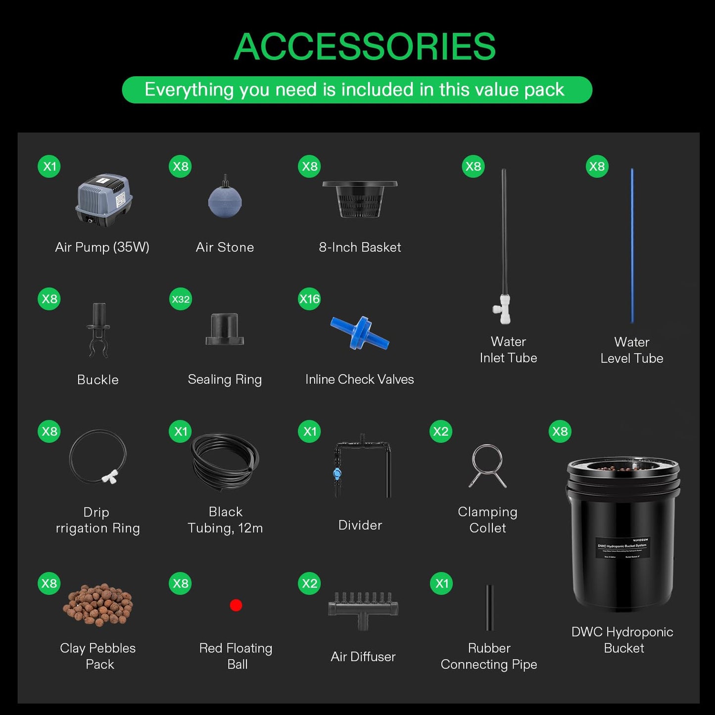 VIVOSUN DWC Hydroponics Grow System with Top Drip Kit, 5-Gallon Deep Water Culture, Recirculating Drip Garden System with Multi-Purpose Air Hose, Air Pump, and Air Stone (4 Buckets + Top Drip Kit)