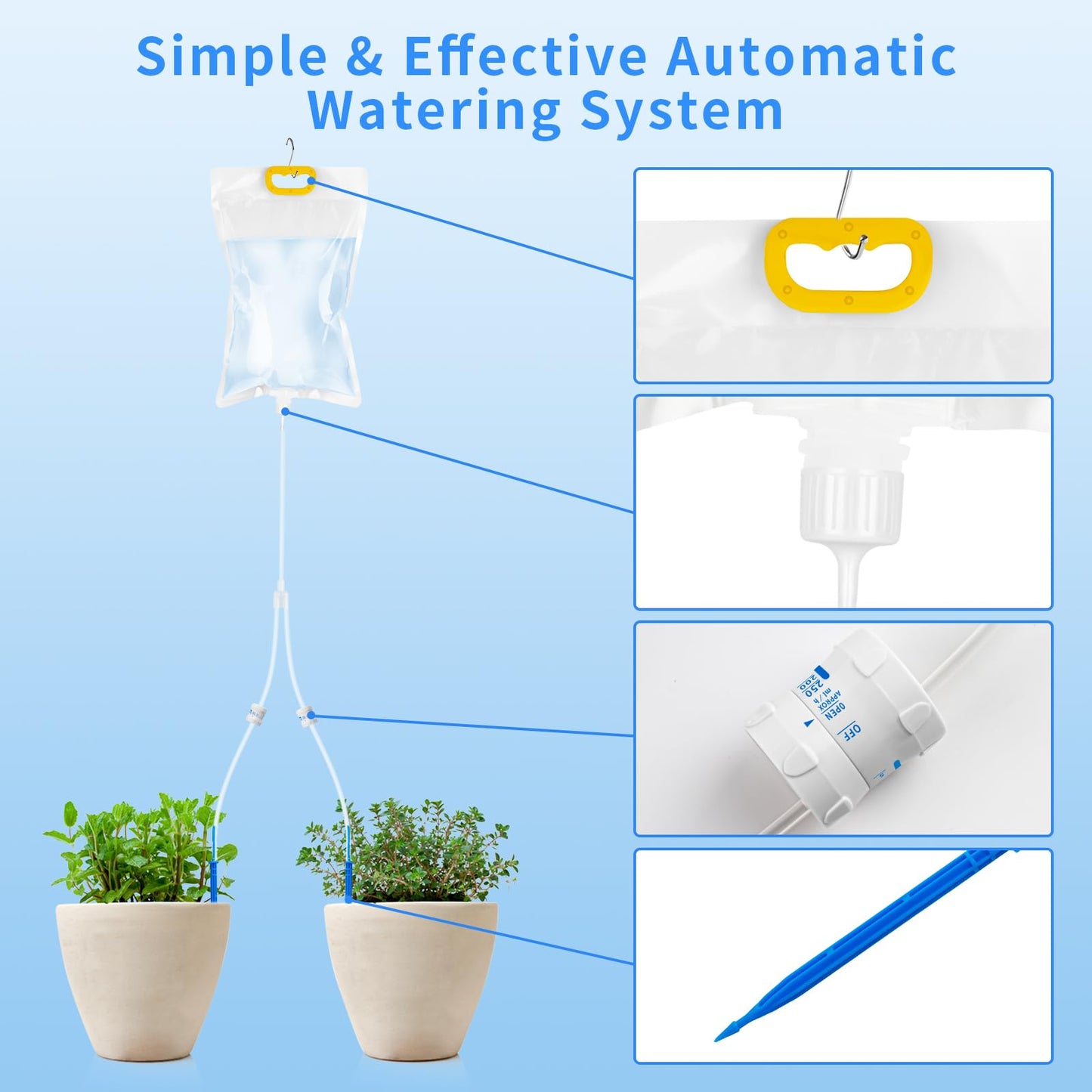 2Pcs 3.5 Liter Plant Drip Bag, Home Potting Waterer with 2 Hook Tip System Unit, Dual Outlet Adjustable Flow Rate Drip Bag, Patio, Lndoor, Outdoor Garden Automatic Drip Lrrigation Kit