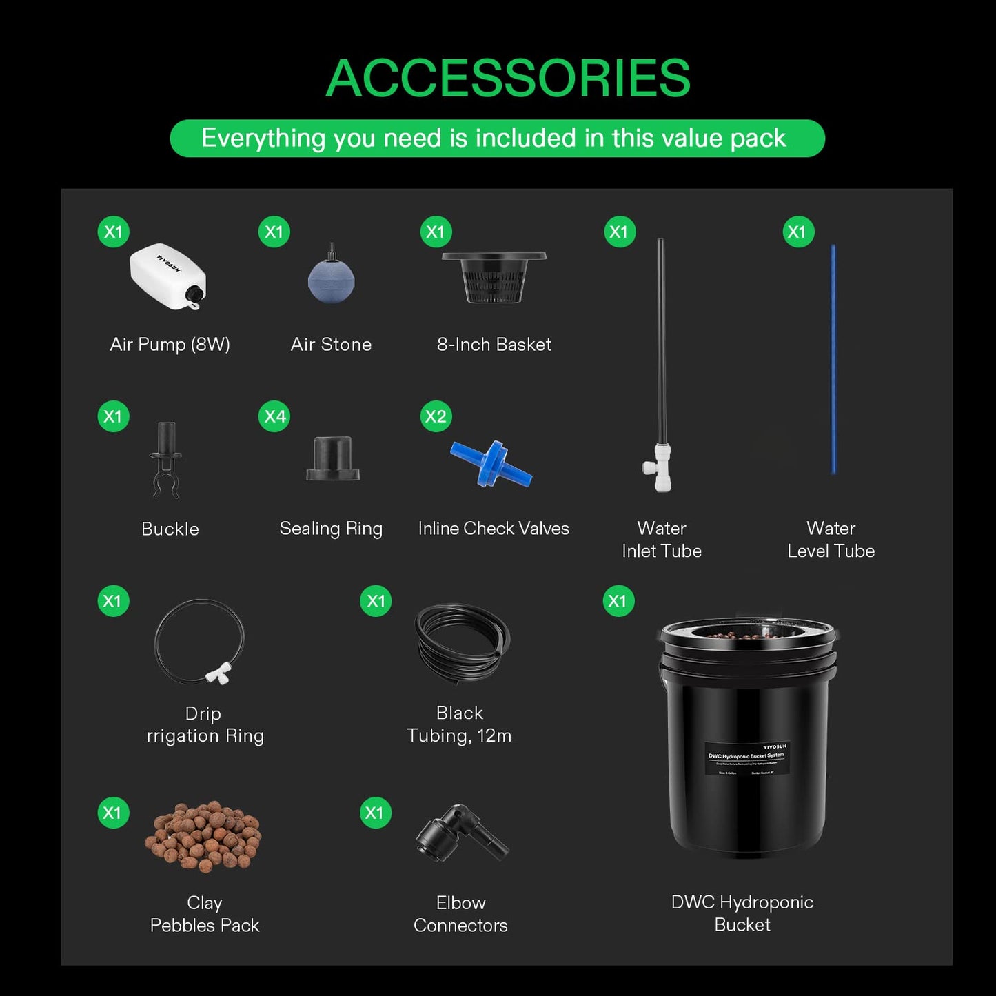VIVOSUN DWC Hydroponics Grow System with Top Drip Kit, 5-Gallon Deep Water Culture, Recirculating Drip Garden System with Multi-Purpose Air Hose, Air Pump, and Air Stone (4 Buckets + Top Drip Kit)