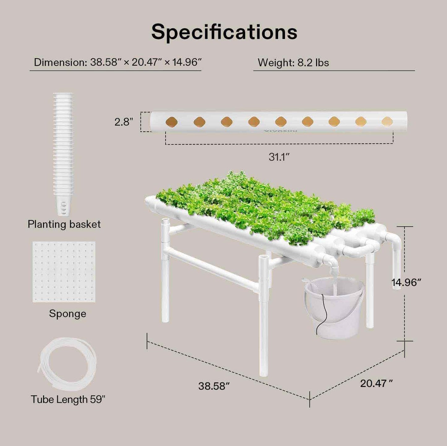 VIVOSUN Hydroponics Growing System 108 Plant Sites, 3 Layers 12 Food-Grade PVC-U Pipes Gardening System Grow Kit with Water Pump Timer, Nest Basket and Sponge for Leafy Vegetables