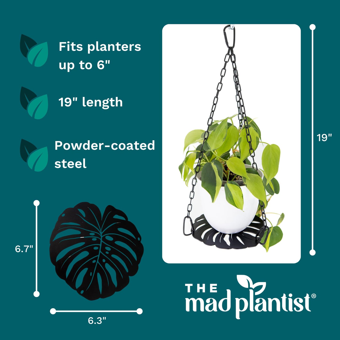 Plant Hanger - Chic Black Metal Hanging Planter for Indoor Plants - Monstera Décor - Lasercut Powdercoated Steel - Unique Botanical Design - Clear Your Benchtop - Elevate Your Jungle