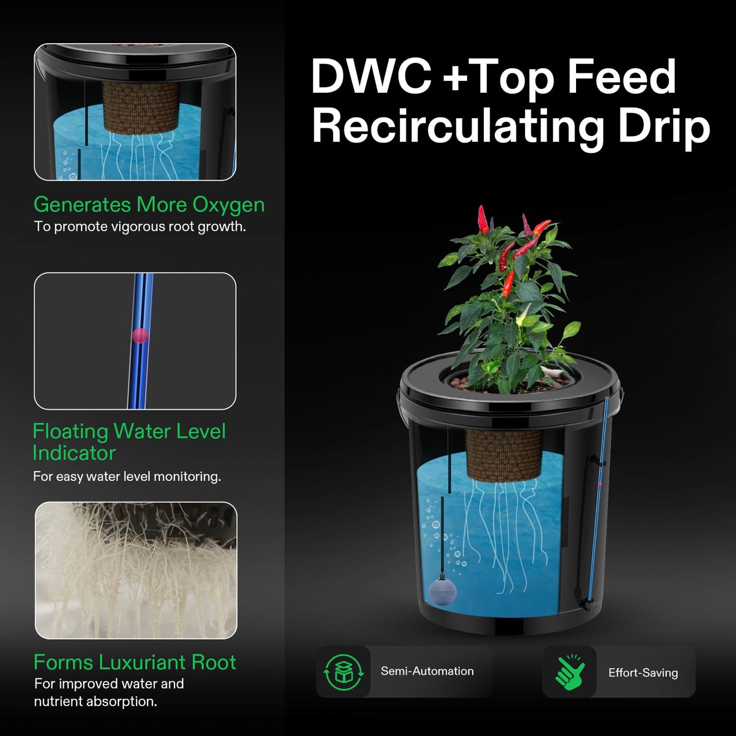 VIVOSUN DWC Hydroponics Grow System with Top Drip Kit, 5-Gallon Deep Water Culture, Recirculating Drip Garden System with Multi-Purpose Air Hose, Air Pump, and Air Stone (4 Buckets + Top Drip Kit)
