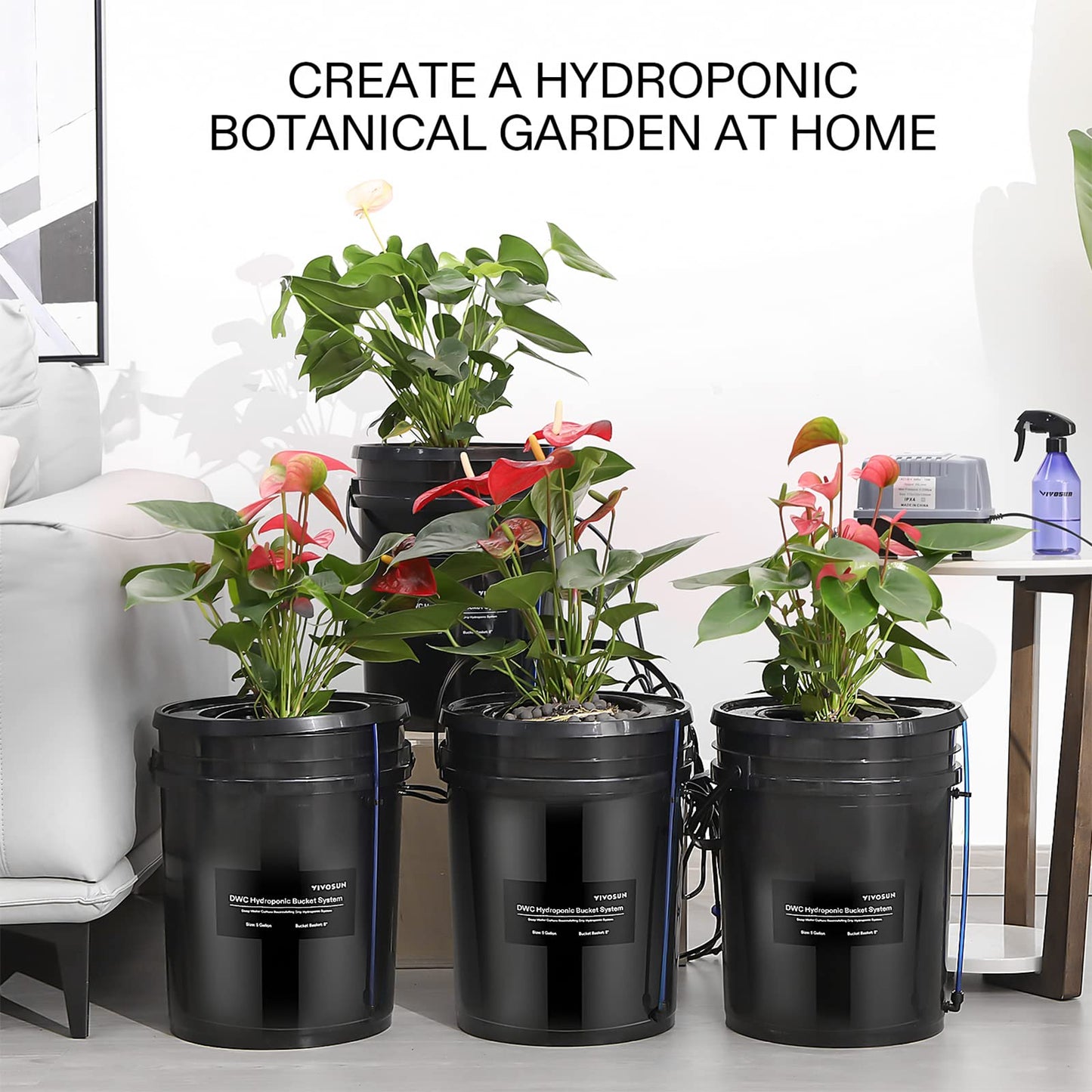 VIVOSUN DWC Hydroponics Grow System with Top Drip Kit, 5-Gallon Deep Water Culture, Recirculating Drip Garden System with Multi-Purpose Air Hose, Air Pump, and Air Stone (4 Buckets + Top Drip Kit)