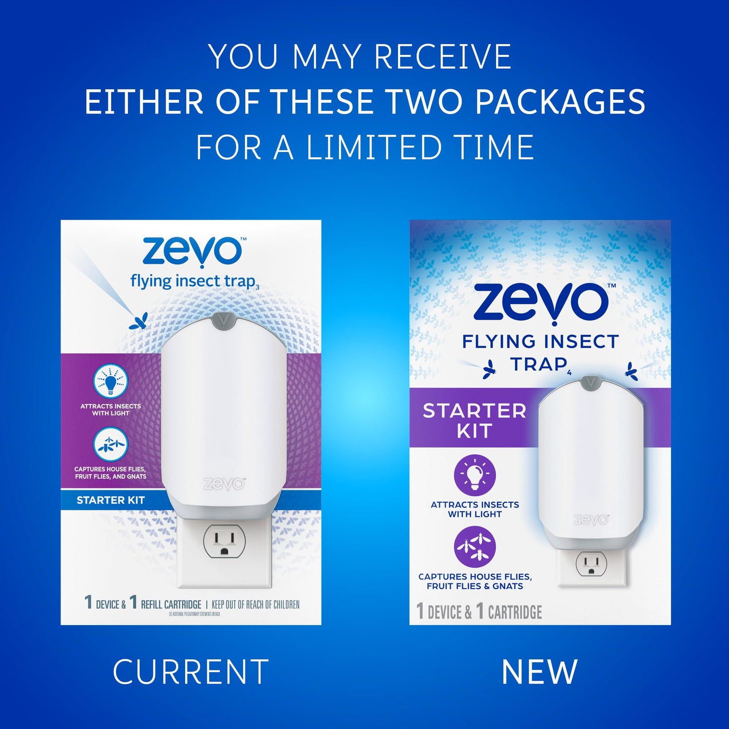 Zevo Flying Insect Trap for Indoors: Light Trap Captures Fruit Flies, Gnats and Houseflies, Starter Kit (1 Plug-in Base + 1 Cartridge)