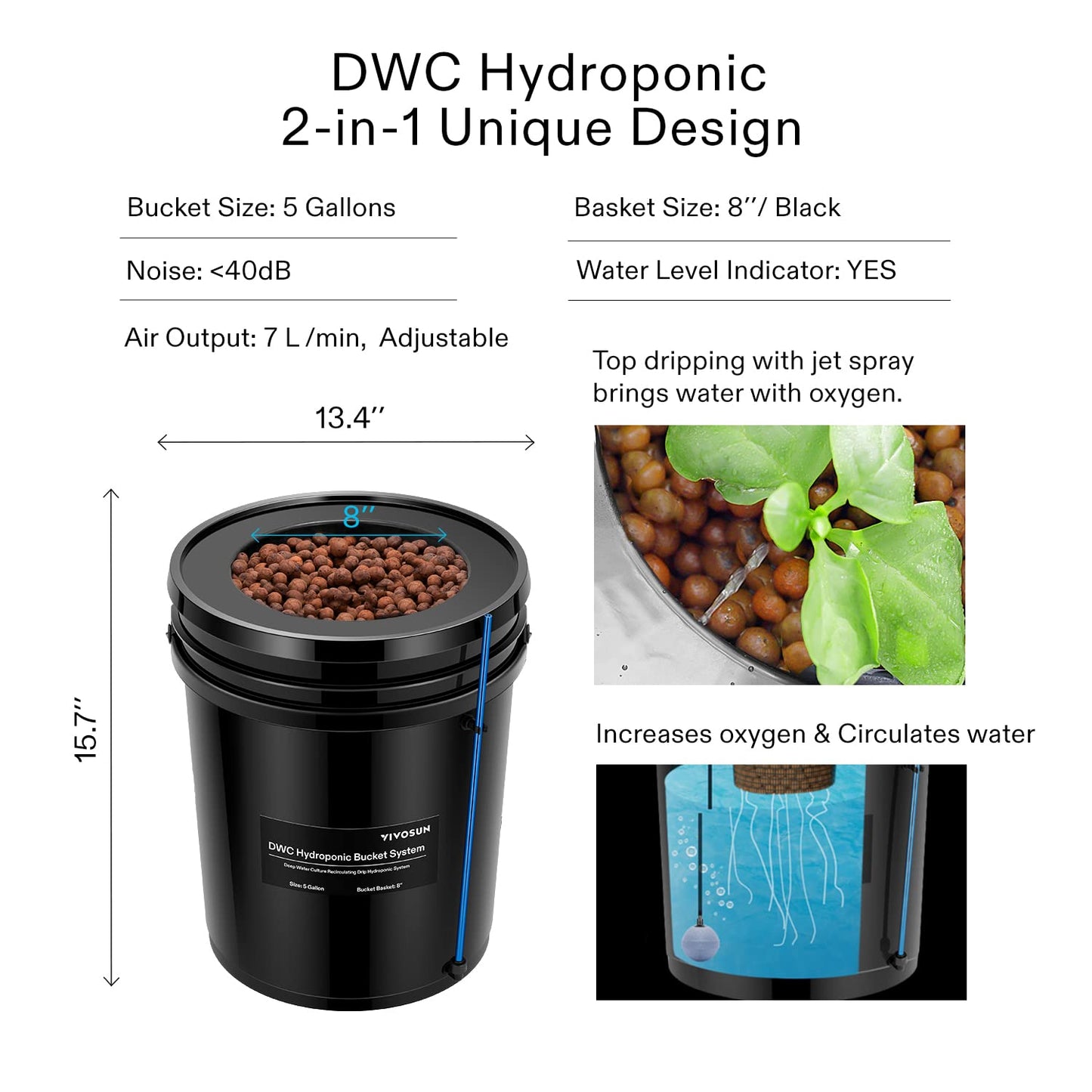 VIVOSUN DWC Hydroponics Grow System with Top Drip Kit, 5-Gallon Deep Water Culture, Recirculating Drip Garden System with Multi-Purpose Air Hose, Air Pump, and Air Stone (4 Buckets + Top Drip Kit)