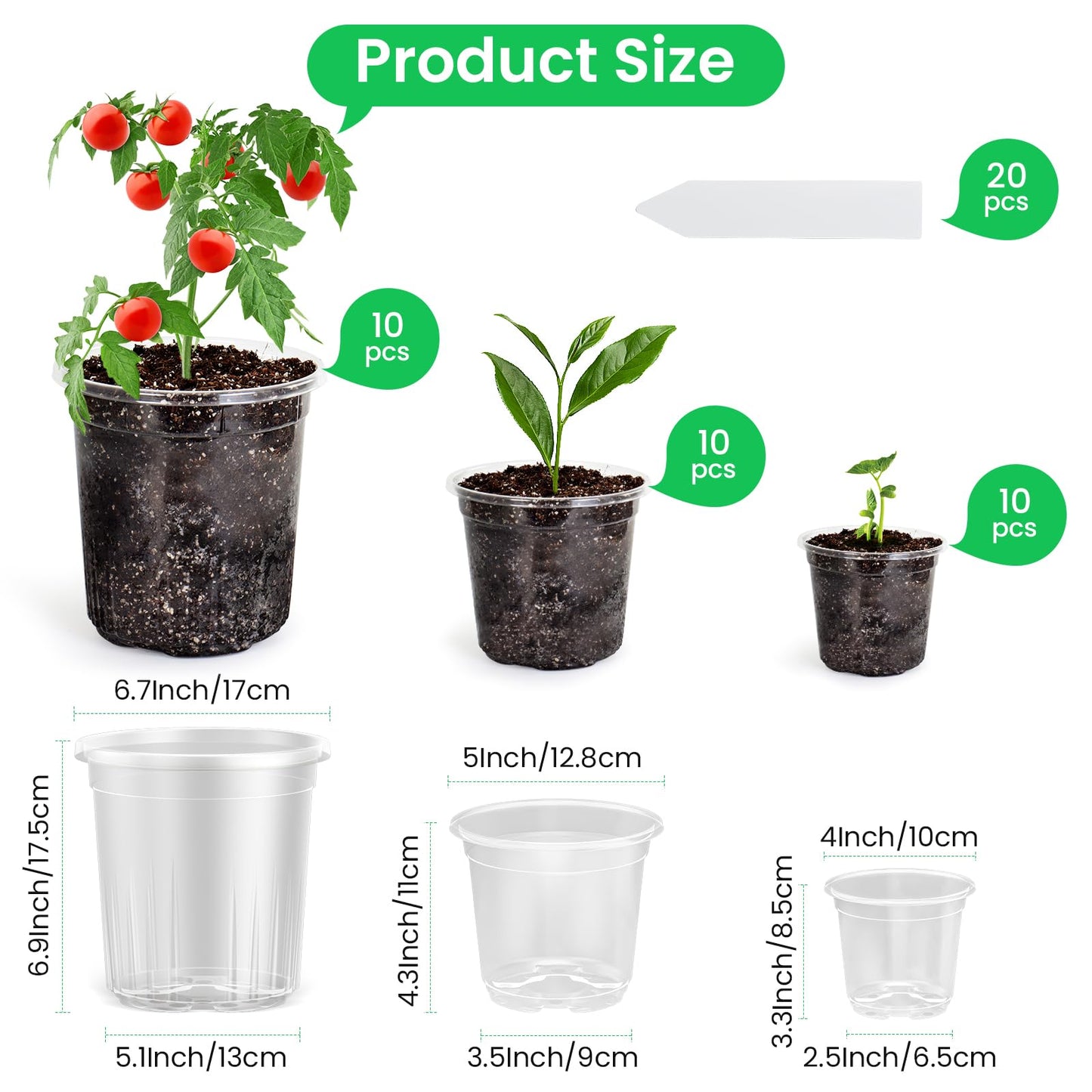36 Packs 6.7/5/4/3.5 Inch Reinforced Clear Nursery Pots with Drainage Hole, Transparent Variety Pack Plastic Plant Pot Seedling Planter Seed Starter Flower