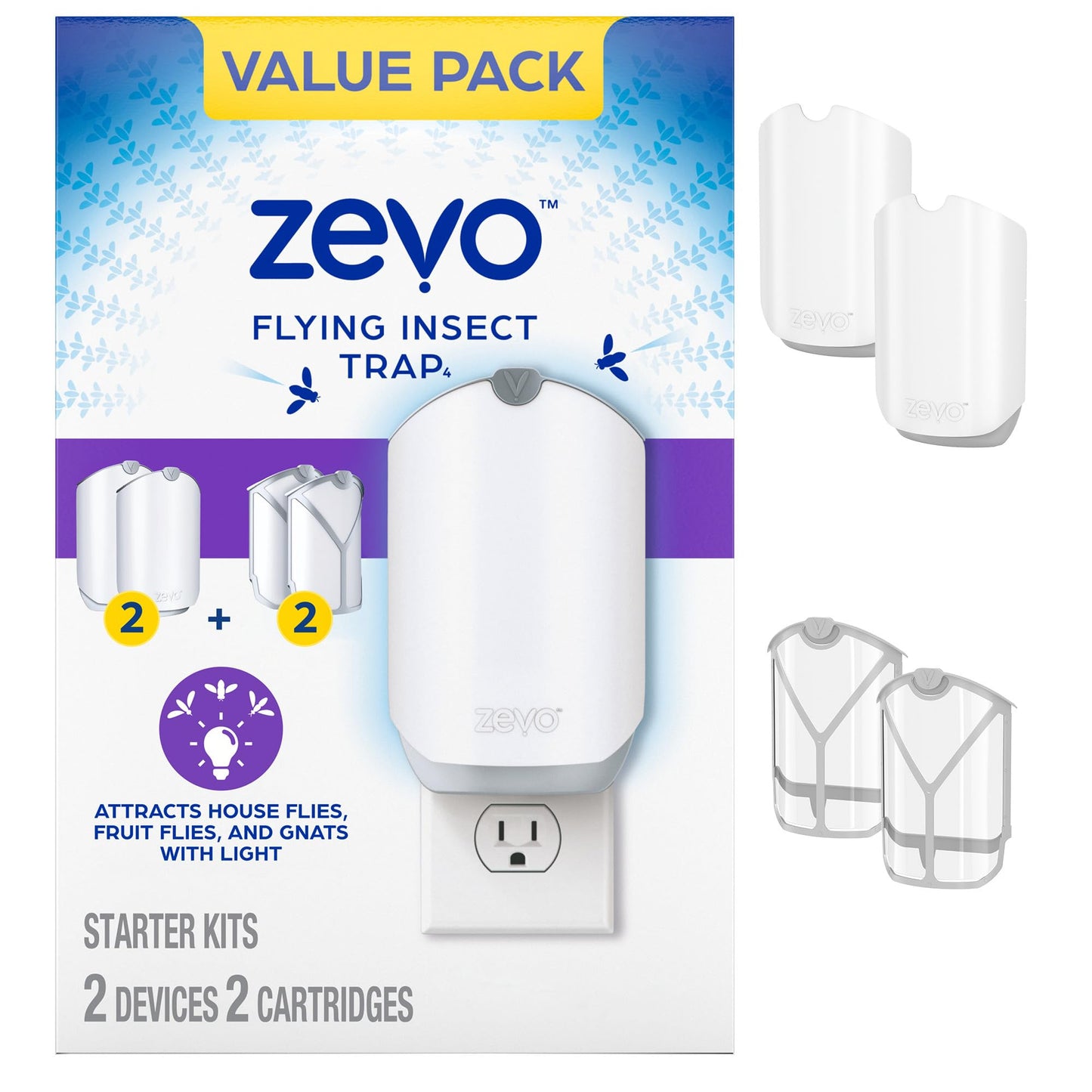 Zevo Flying Insect Trap for Indoors: Light Trap Captures Fruit Flies, Gnats and Houseflies, Starter Kit (1 Plug-in Base + 1 Cartridge)
