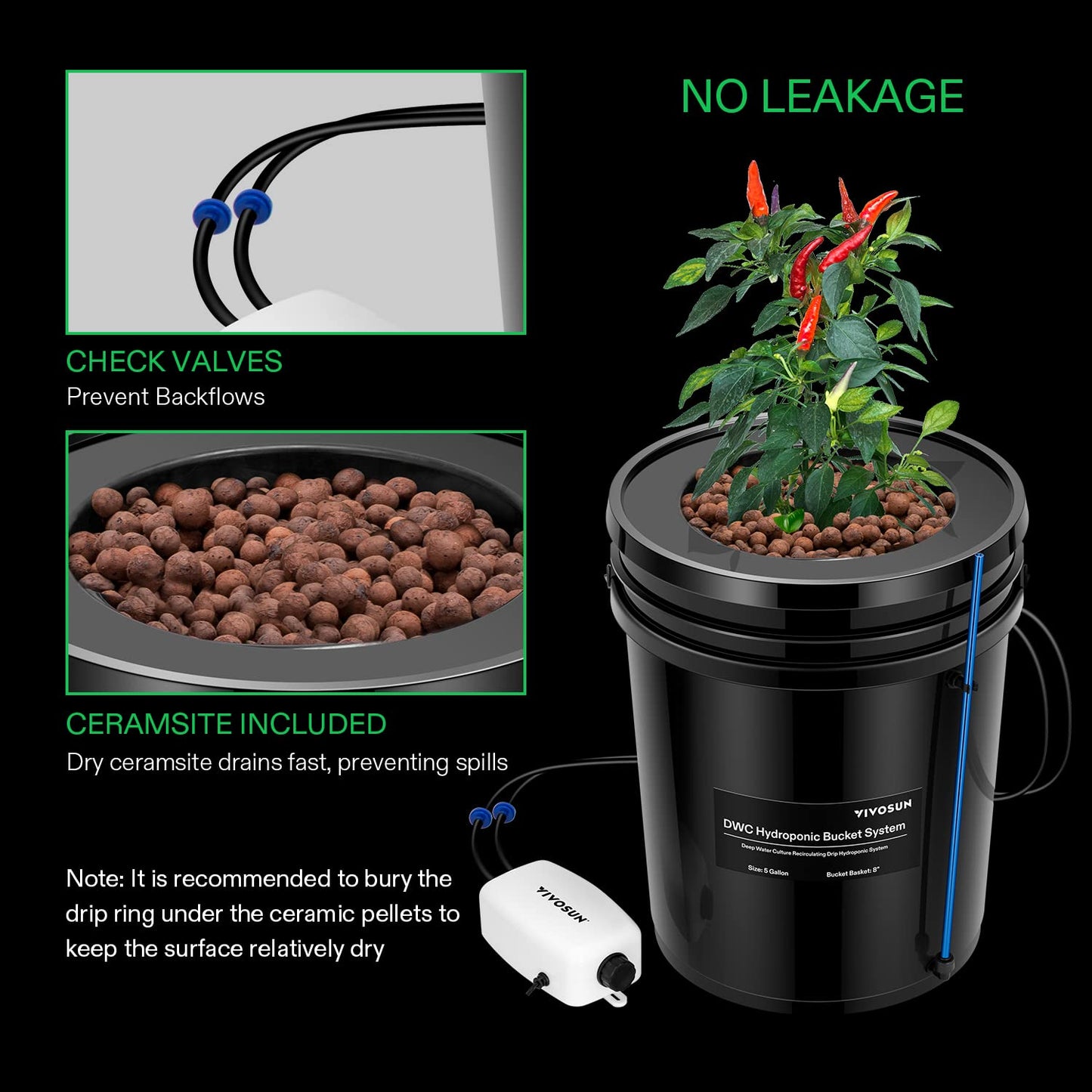 VIVOSUN DWC Hydroponics Grow System with Top Drip Kit, 5-Gallon Deep Water Culture, Recirculating Drip Garden System with Multi-Purpose Air Hose, Air Pump, and Air Stone (4 Buckets + Top Drip Kit)