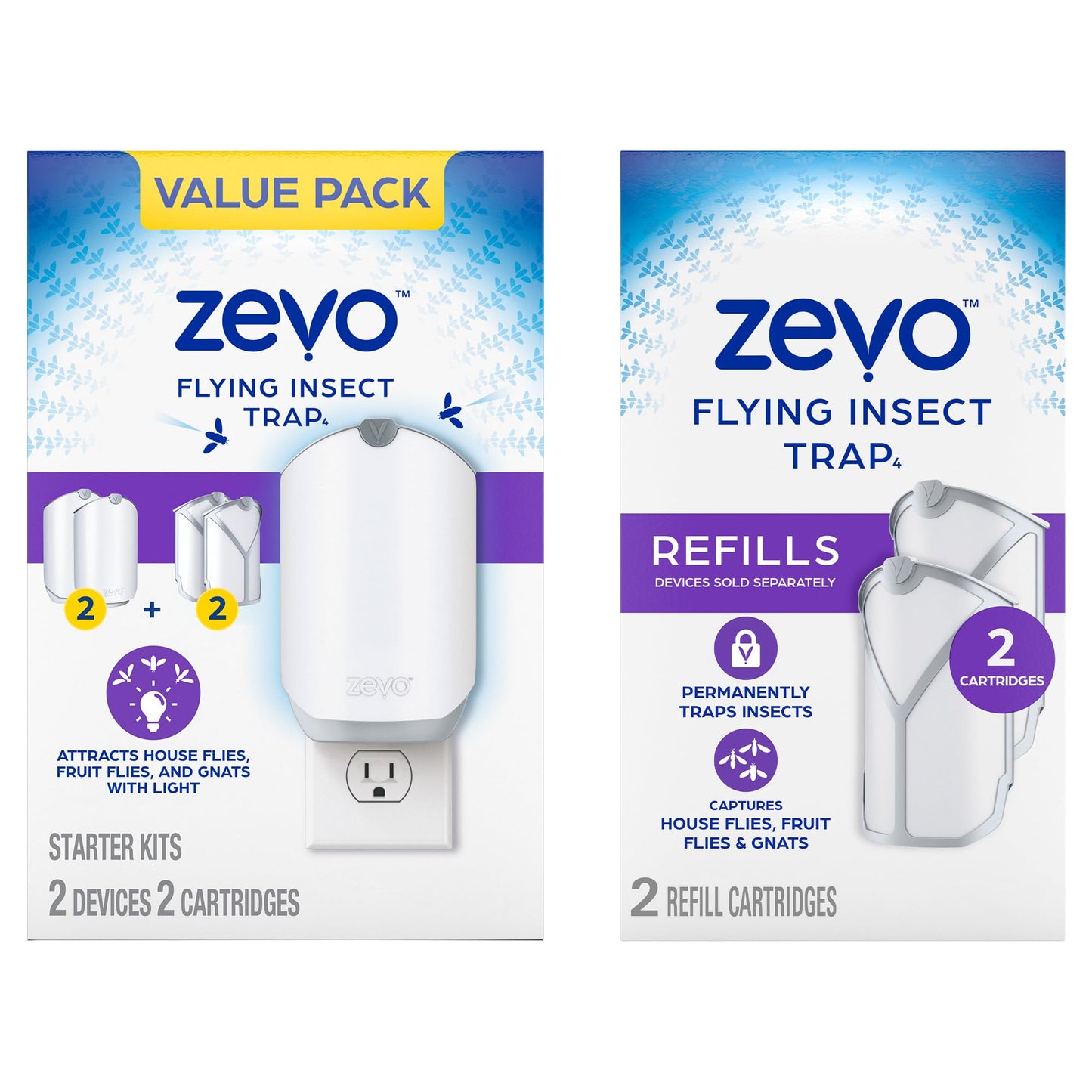 Zevo Flying Insect Trap for Indoors: Light Trap Captures Fruit Flies, Gnats and Houseflies, Starter Kit (1 Plug-in Base + 1 Cartridge)