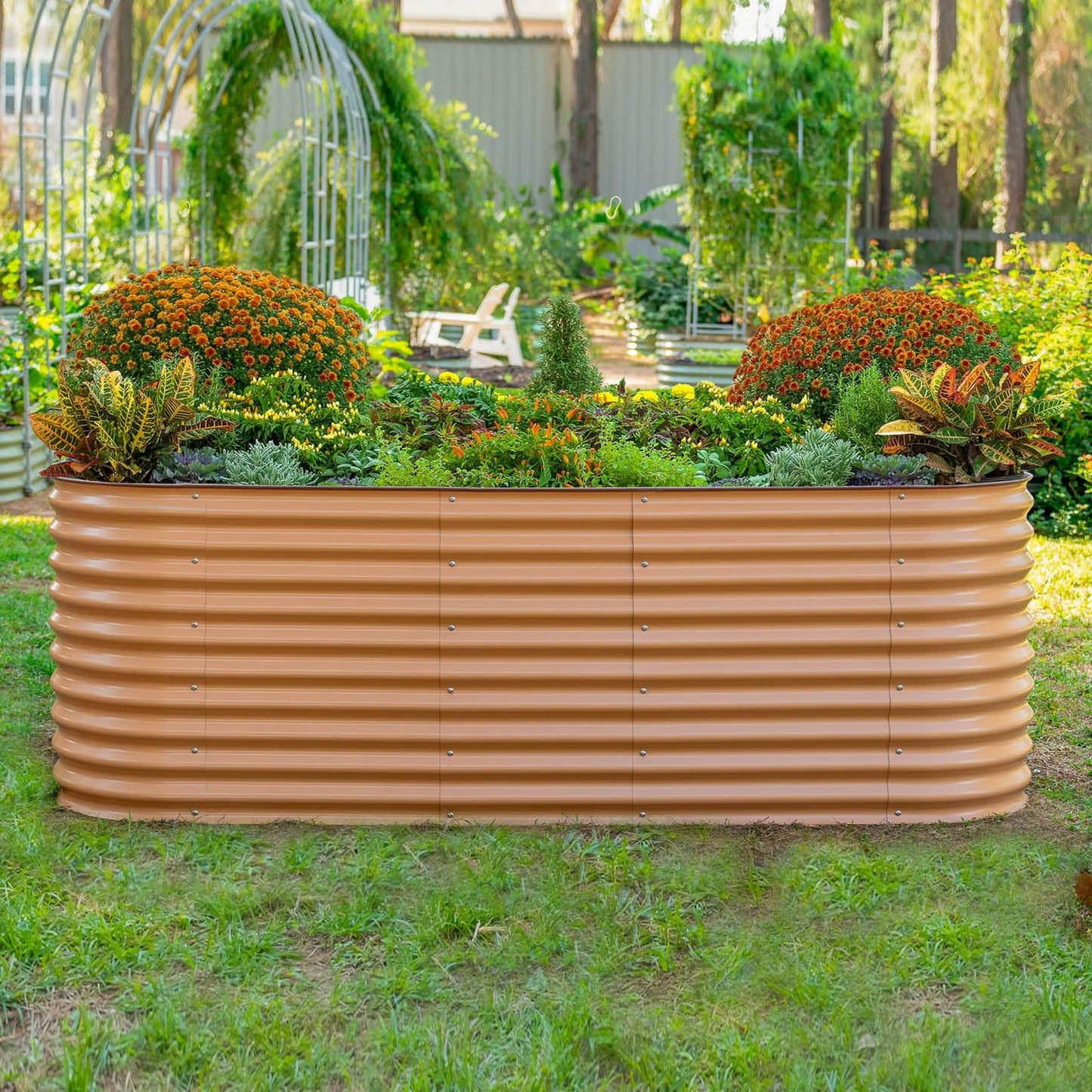 Vego garden 32" Extra Tall Raised Garden Bed Kits, 9 in 1 Modular Raised Planter Box for Vegetables Flowers Fruits Oval Metal Raised Garden Bed- Olive Green