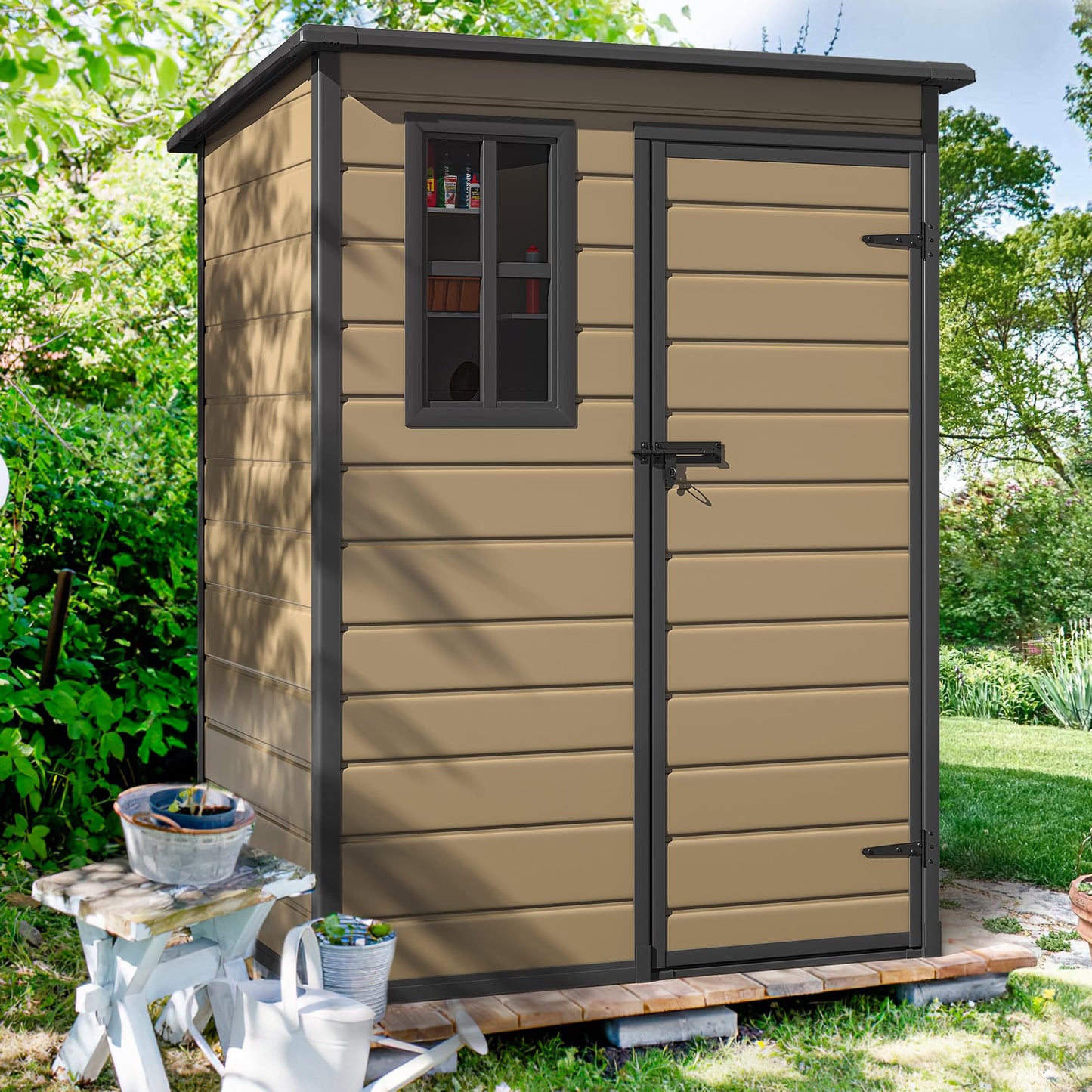 DWVO 6.2x3.4 FT Resin Storage Shed with Reinforced Floor, Outdoor Storage Shed with Lockable Door, Window and Vents, Waterproof Plastic Tool Storage for Garden, Backyard, Patio, Lawn