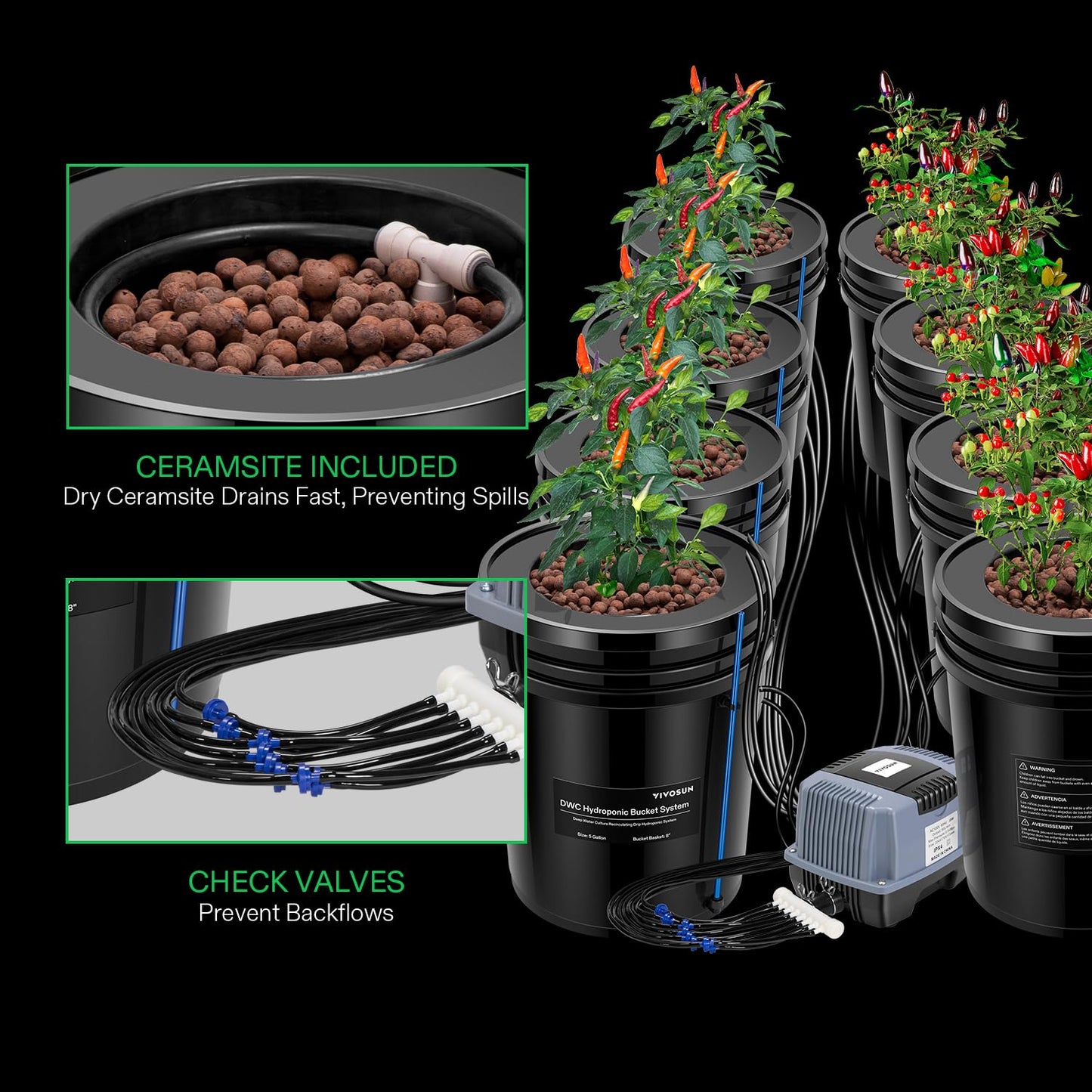 VIVOSUN DWC Hydroponics Grow System with Top Drip Kit, 5-Gallon Deep Water Culture, Recirculating Drip Garden System with Multi-Purpose Air Hose, Air Pump, and Air Stone (4 Buckets + Top Drip Kit)