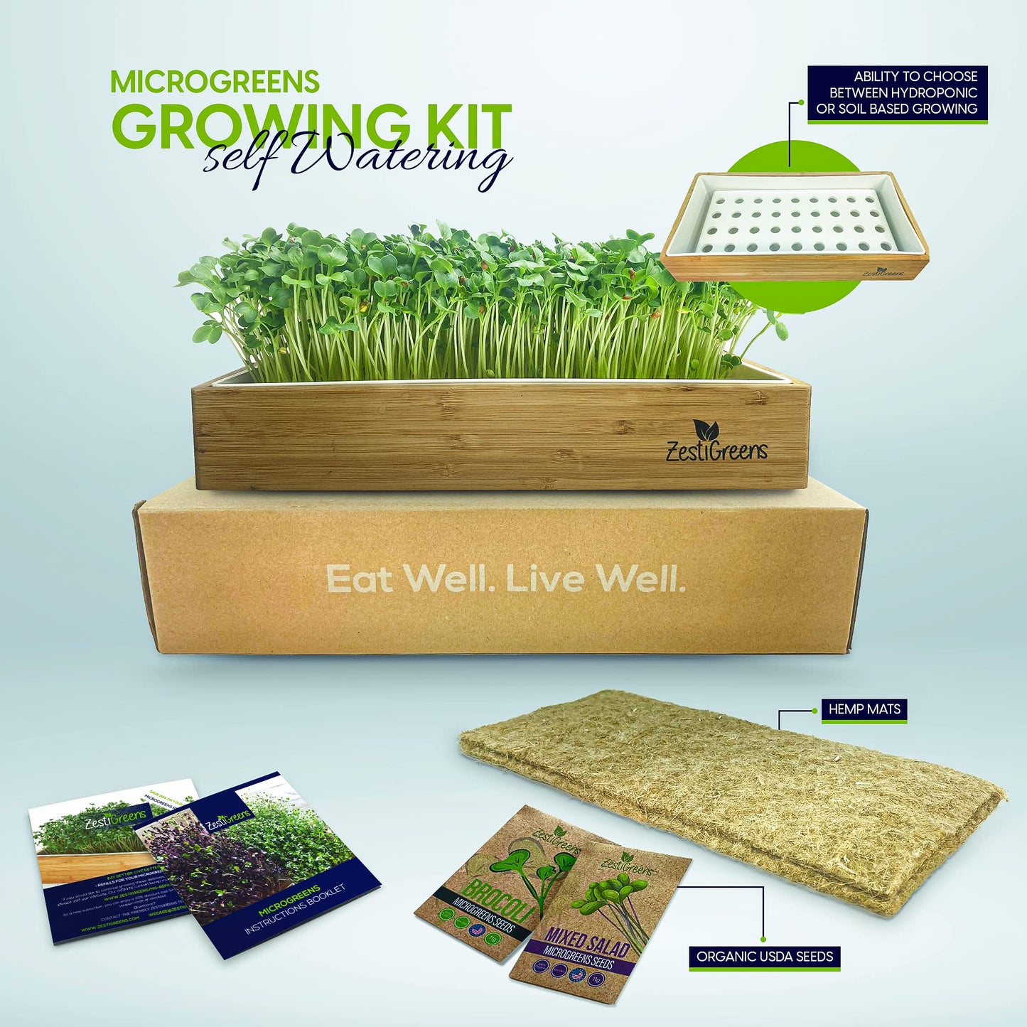 Self Watering Microgreens Growing Kit. Hands Down the Easiest Way to Grow Microgreens. Includes Microgreens Tray, Seeds, Mats, and Bamboo Surround. No Soil Needed. Easy Setup. (Salad & Broccoli)
