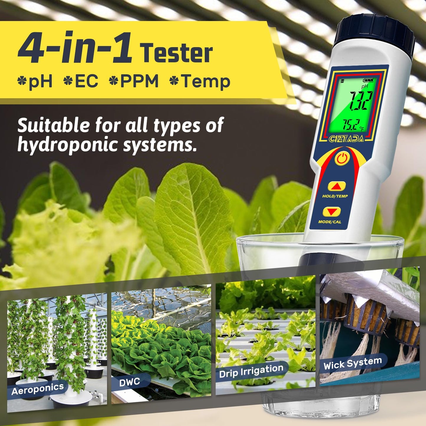 pH Meter for Water 4 in 1 pH EC TDS Temp Meter for Hydroponics PPM and EC Water Tester Digital pH PPM Meter for Nutrients Growing Hydroponics Gardening DWC hydroponics System