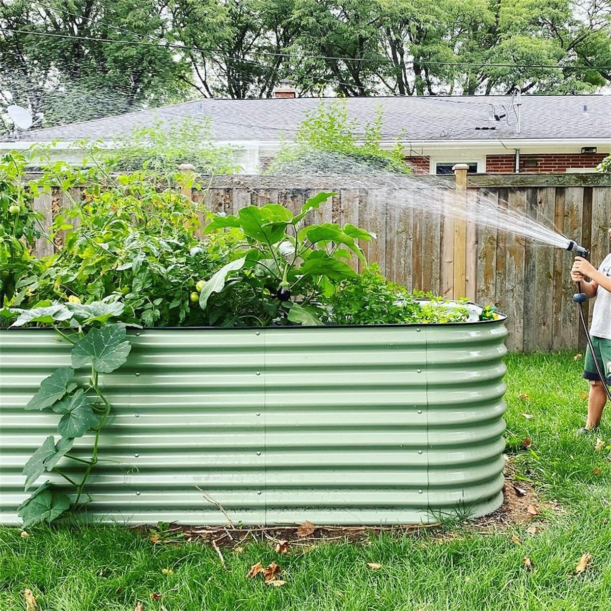 Vego garden 32" Extra Tall Raised Garden Bed Kits, 9 in 1 Modular Raised Planter Box for Vegetables Flowers Fruits Oval Metal Raised Garden Bed- Olive Green