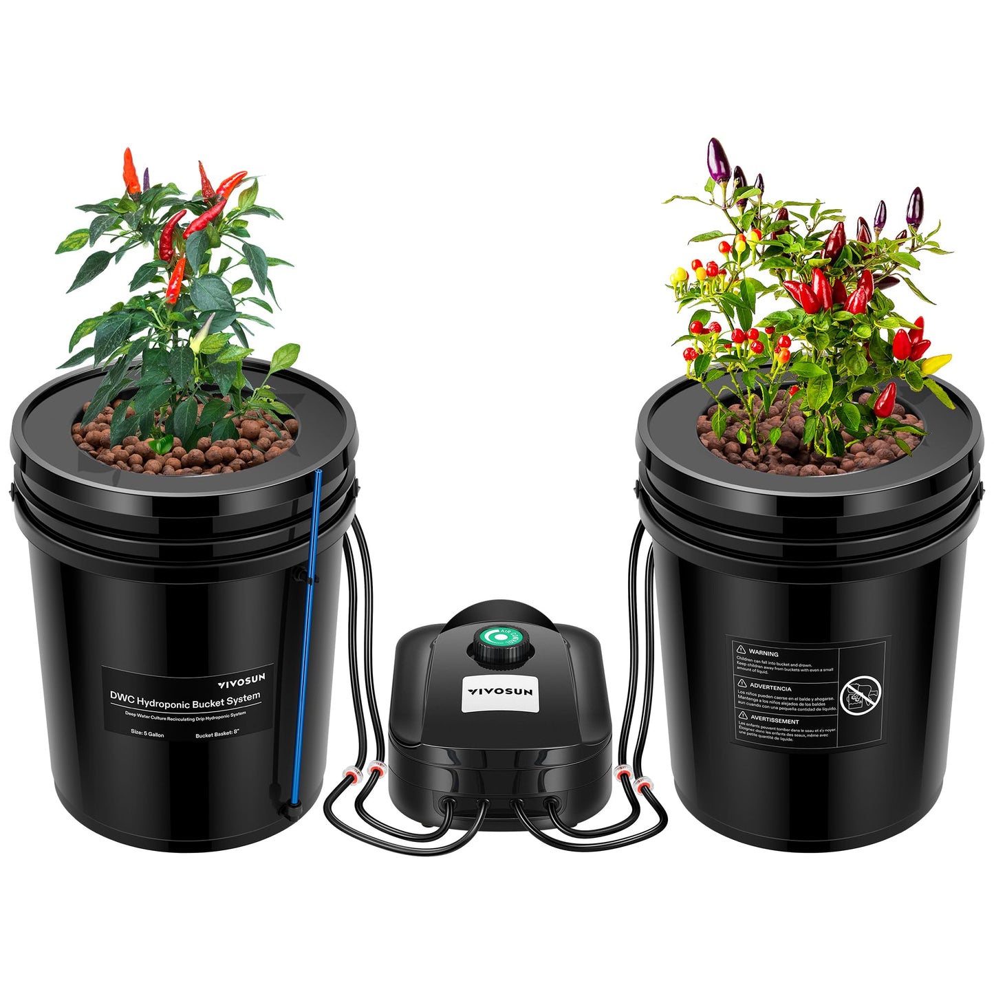 VIVOSUN DWC Hydroponics Grow System with Top Drip Kit, 5-Gallon Deep Water Culture, Recirculating Drip Garden System with Multi-Purpose Air Hose, Air Pump, and Air Stone (4 Buckets + Top Drip Kit)