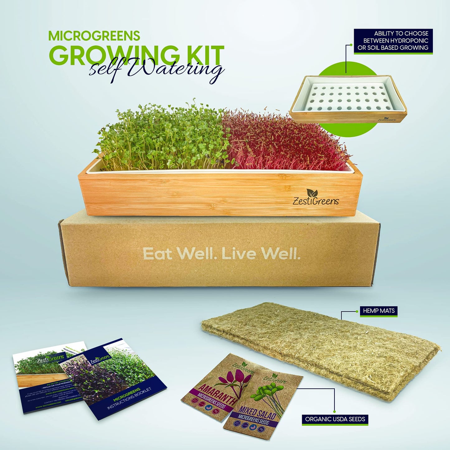 Self Watering Microgreens Growing Kit. Hands Down the Easiest Way to Grow Microgreens. Includes Microgreens Tray, Seeds, Mats, and Bamboo Surround. No Soil Needed. Easy Setup. (Salad & Broccoli)