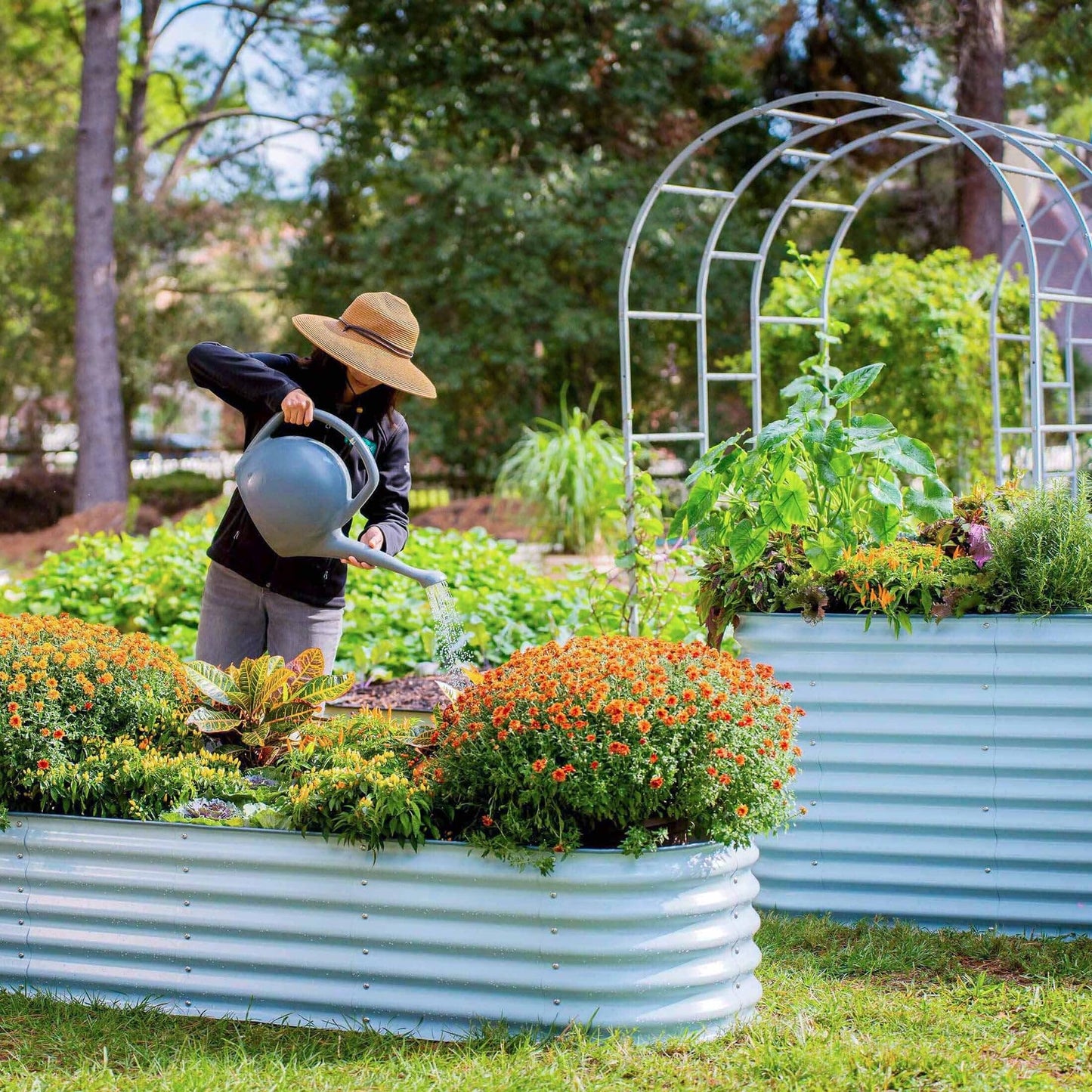 Vego garden 32" Extra Tall Raised Garden Bed Kits, 9 in 1 Modular Raised Planter Box for Vegetables Flowers Fruits Oval Metal Raised Garden Bed- Olive Green