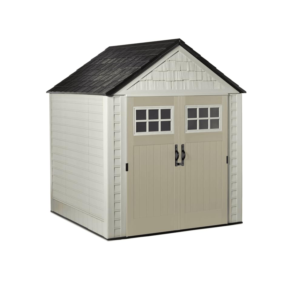 Rubbermaid Resin Outdoor Storage Shed With Floor (7 x 7 Ft), Weather Resistant, Beige/Brown, Organization for Home/Backyard/Garden Tools/Lawn Mower/Bike Storage/Pool Supplies