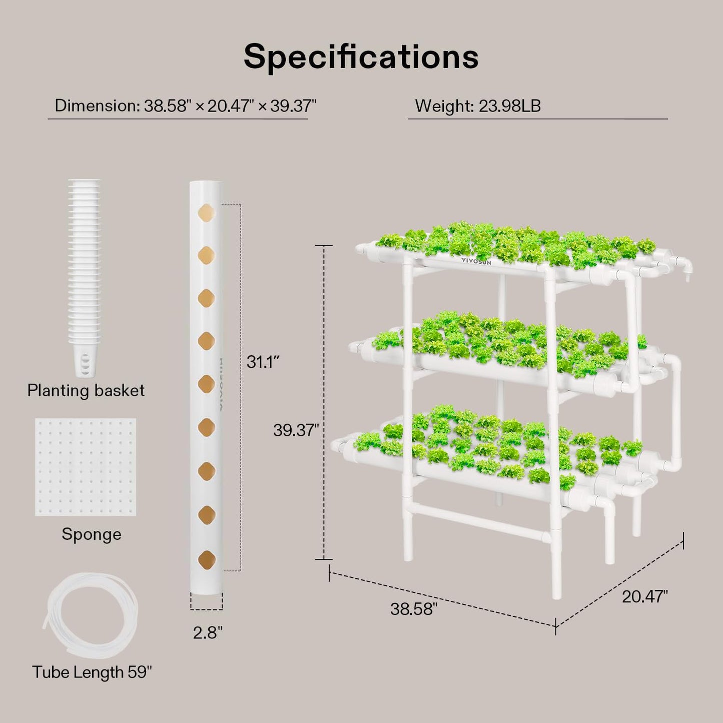 VIVOSUN Hydroponics Growing System 108 Plant Sites, 3 Layers 12 Food-Grade PVC-U Pipes Gardening System Grow Kit with Water Pump Timer, Nest Basket and Sponge for Leafy Vegetables