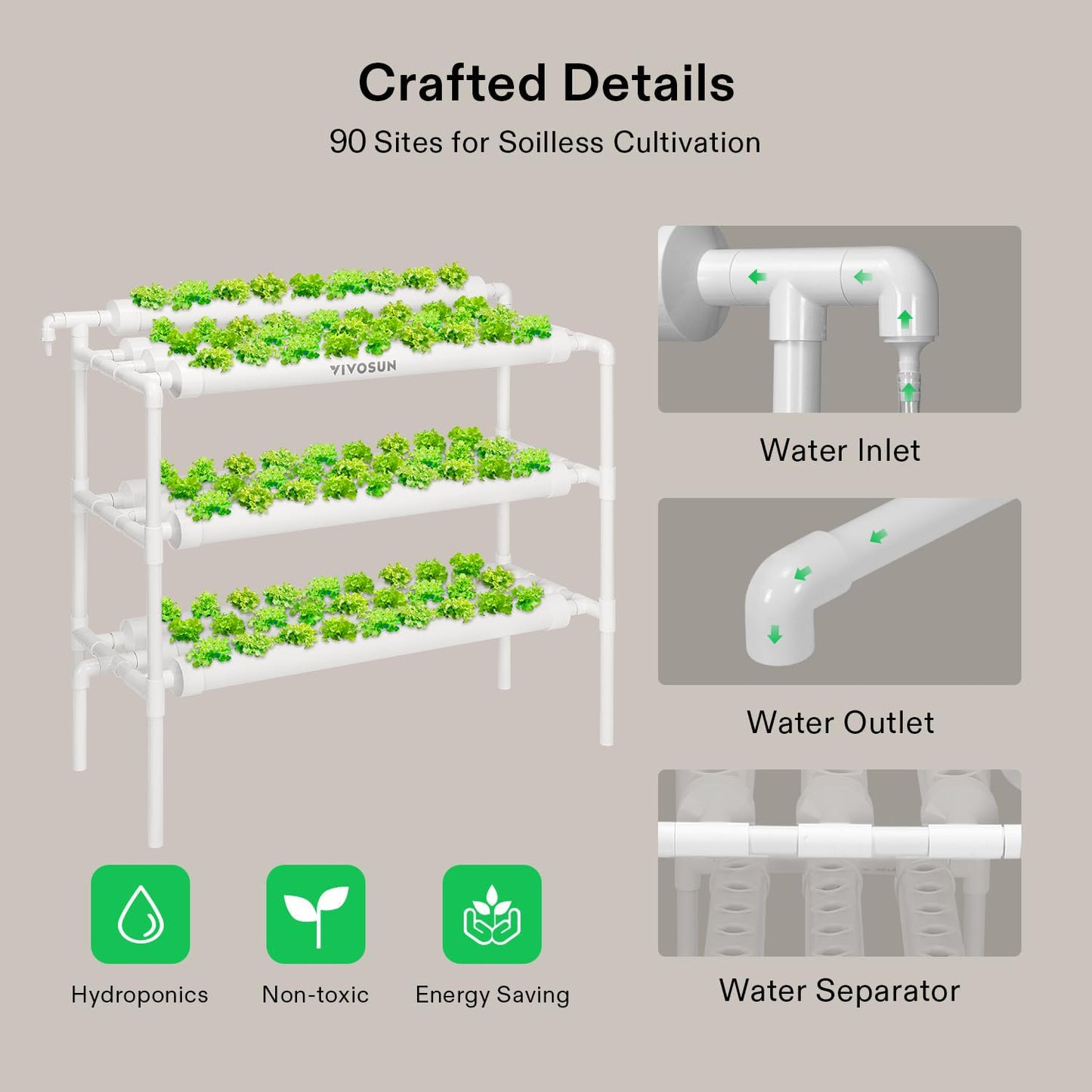 VIVOSUN Hydroponics Growing System 108 Plant Sites, 3 Layers 12 Food-Grade PVC-U Pipes Gardening System Grow Kit with Water Pump Timer, Nest Basket and Sponge for Leafy Vegetables