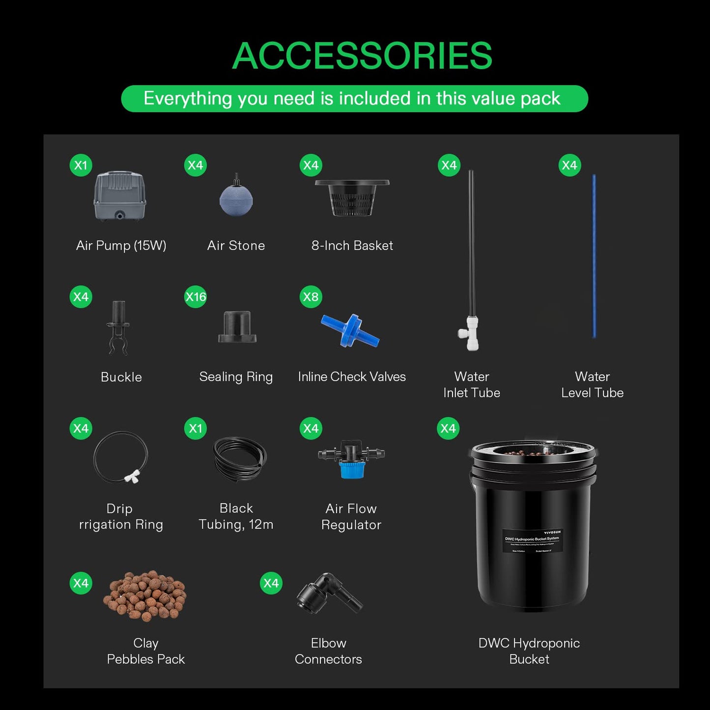 VIVOSUN DWC Hydroponics Grow System with Top Drip Kit, 5-Gallon Deep Water Culture, Recirculating Drip Garden System with Multi-Purpose Air Hose, Air Pump, and Air Stone (4 Buckets + Top Drip Kit)