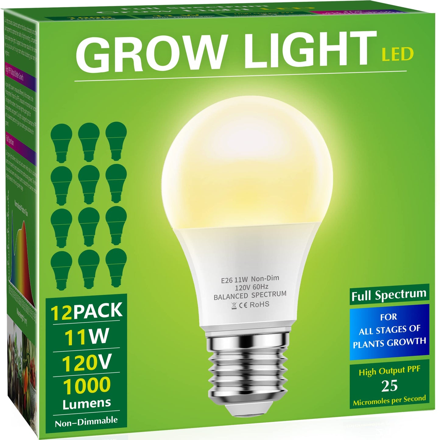 Grow Light Bulbs, Briignite LED Grow Light Bulb A19 Bulb, Full Spectrum Grow Light Bulb, Plant Light Bulbs E26 Base, 11W Grow Bulb 100W Equivalent, Grow Light for Indoor Plants, Seed Starting, 2Pack