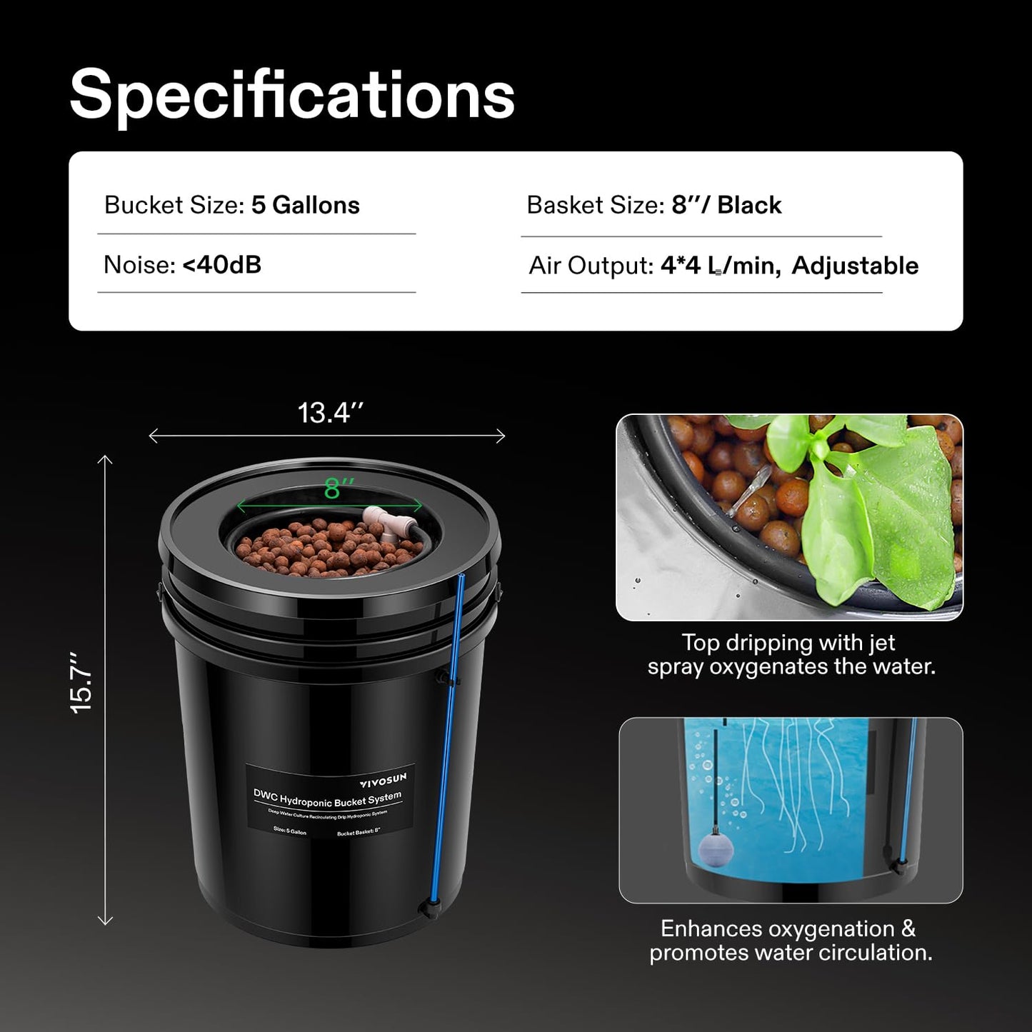 VIVOSUN DWC Hydroponics Grow System with Top Drip Kit, 5-Gallon Deep Water Culture, Recirculating Drip Garden System with Multi-Purpose Air Hose, Air Pump, and Air Stone (4 Buckets + Top Drip Kit)