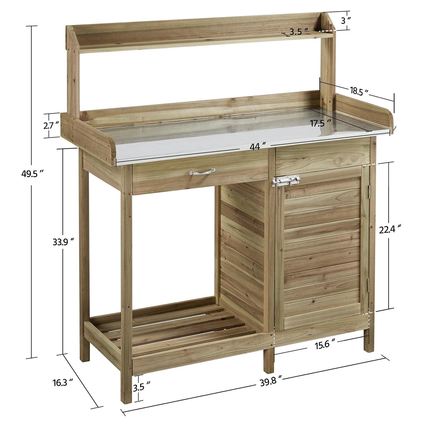 Yaheetech Outdoor Garden Potting Bench Table Work Bench Metal Tabletop W/Cabinet Drawer Open Shelf Natural Wood