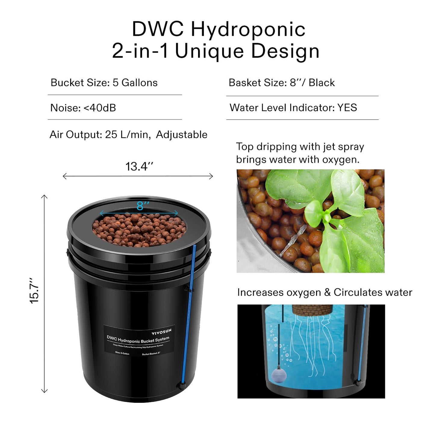 VIVOSUN DWC Hydroponics Grow System with Top Drip Kit, 5-Gallon Deep Water Culture, Recirculating Drip Garden System with Multi-Purpose Air Hose, Air Pump, and Air Stone (4 Buckets + Top Drip Kit)