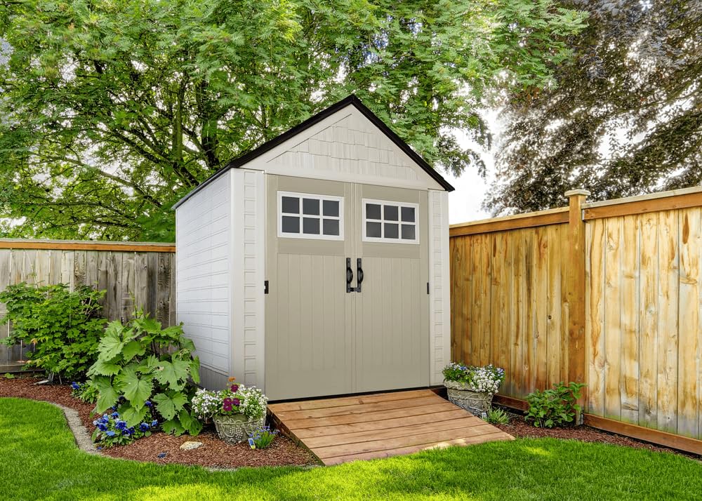 Rubbermaid Resin Outdoor Storage Shed With Floor (7 x 7 Ft), Weather Resistant, Beige/Brown, Organization for Home/Backyard/Garden Tools/Lawn Mower/Bike Storage/Pool Supplies