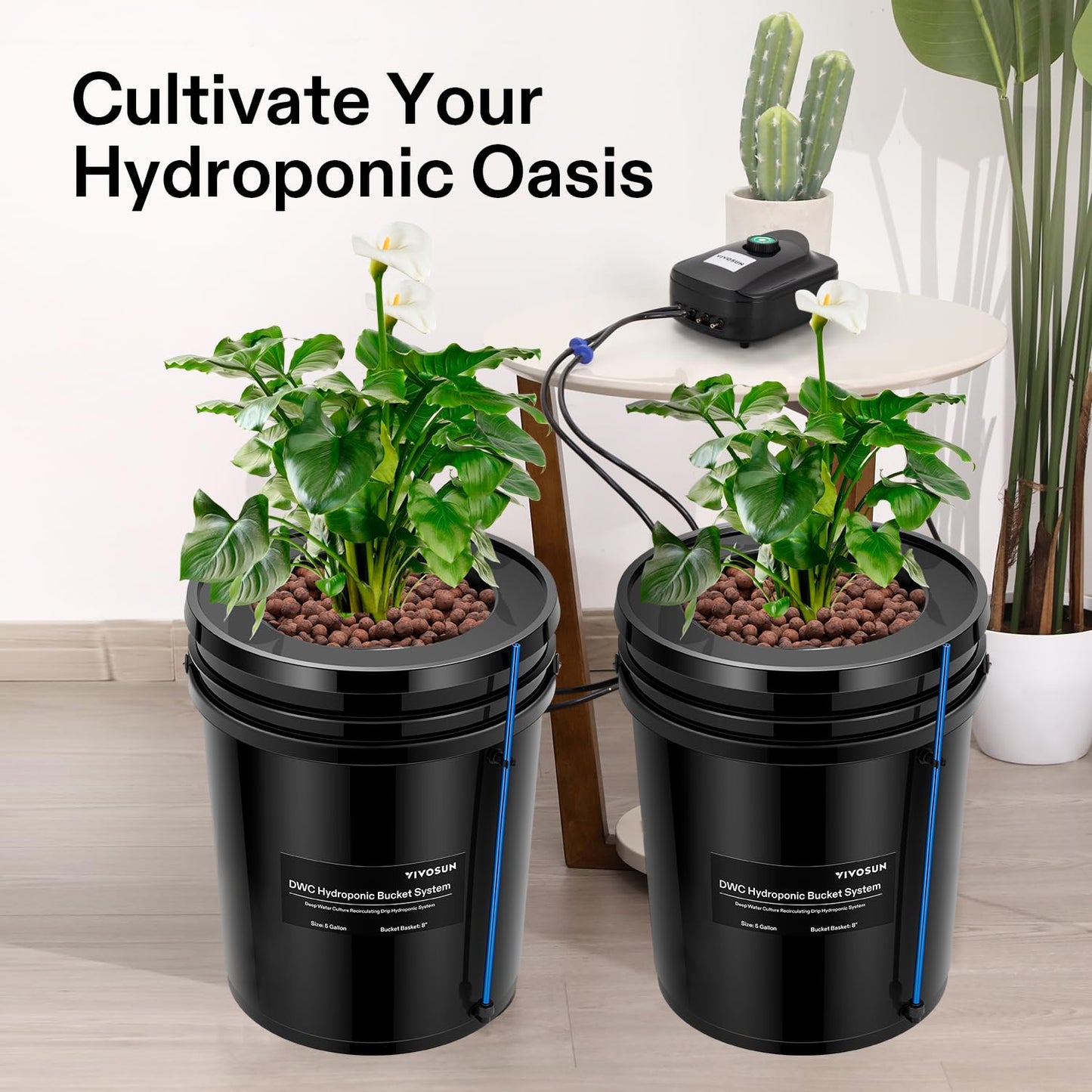 VIVOSUN DWC Hydroponics Grow System with Top Drip Kit, 5-Gallon Deep Water Culture, Recirculating Drip Garden System with Multi-Purpose Air Hose, Air Pump, and Air Stone (4 Buckets + Top Drip Kit)