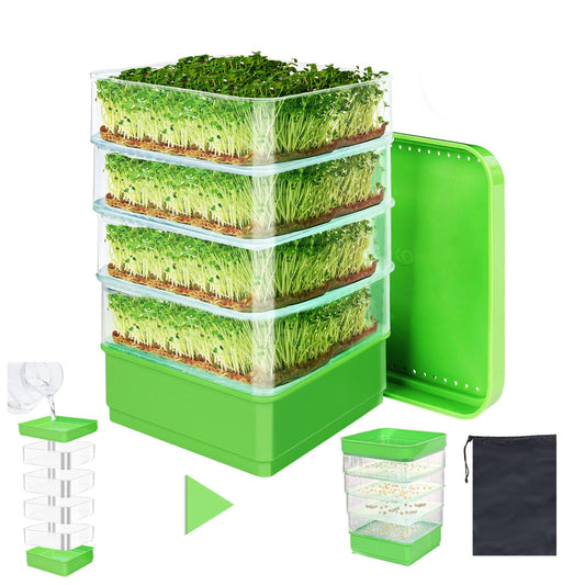 4-Tier Seed Sprouting Kit with Drain Holes and Drain Tray, Upgrade Stackable Microgreens Fresh Organic Bean Seed Sprouter Tray Ripple Soil-Free Sprouter Tray for Beans Alfalfa Seeds