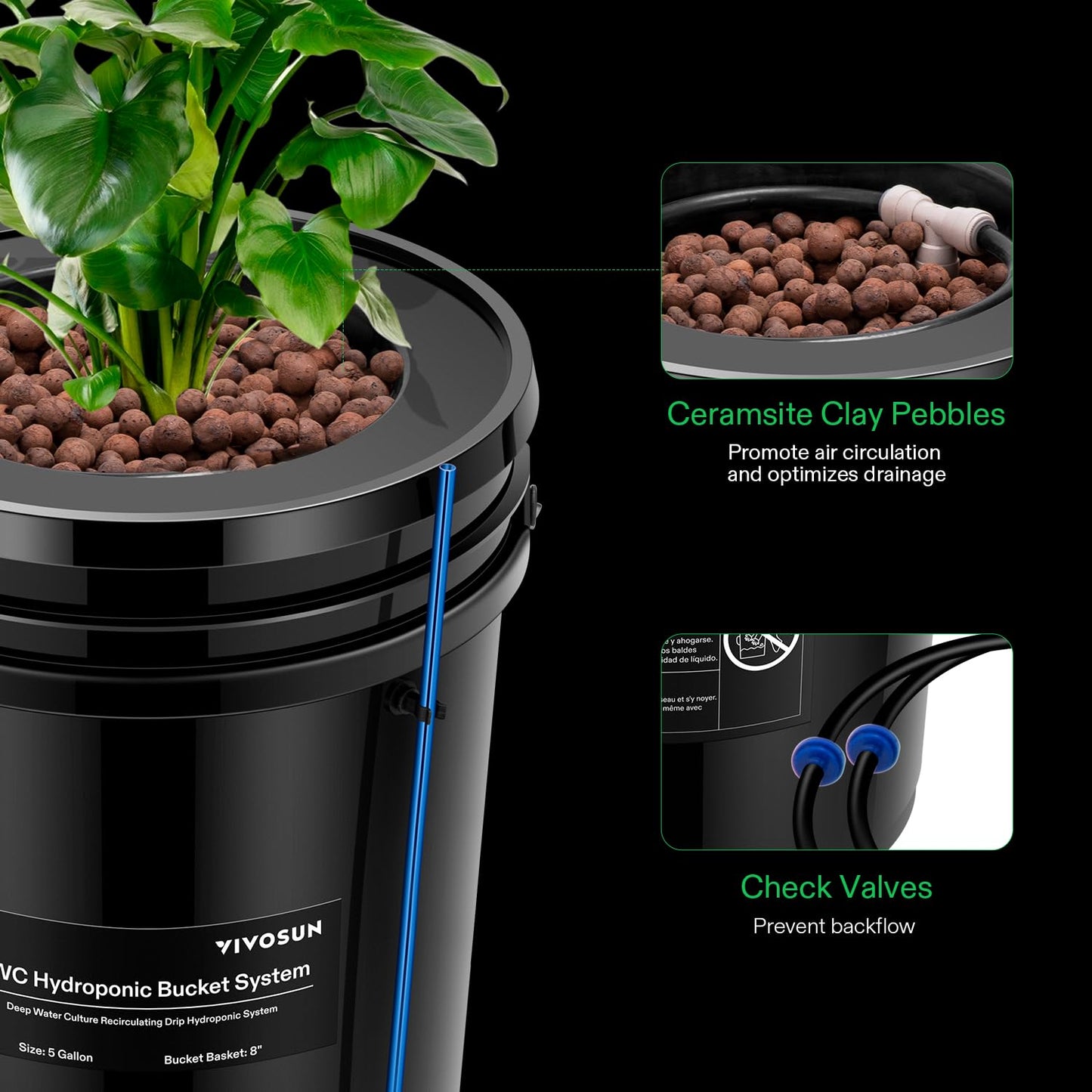 VIVOSUN DWC Hydroponics Grow System with Top Drip Kit, 5-Gallon Deep Water Culture, Recirculating Drip Garden System with Multi-Purpose Air Hose, Air Pump, and Air Stone (4 Buckets + Top Drip Kit)