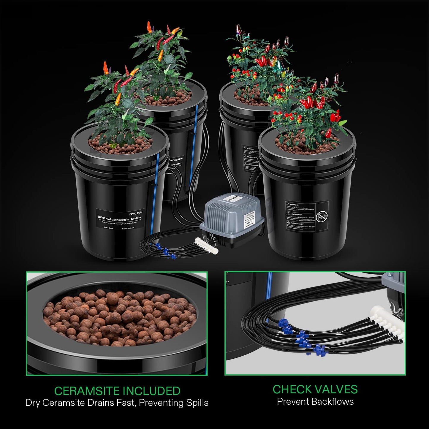 VIVOSUN DWC Hydroponics Grow System with Top Drip Kit, 5-Gallon Deep Water Culture, Recirculating Drip Garden System with Multi-Purpose Air Hose, Air Pump, and Air Stone (4 Buckets + Top Drip Kit)