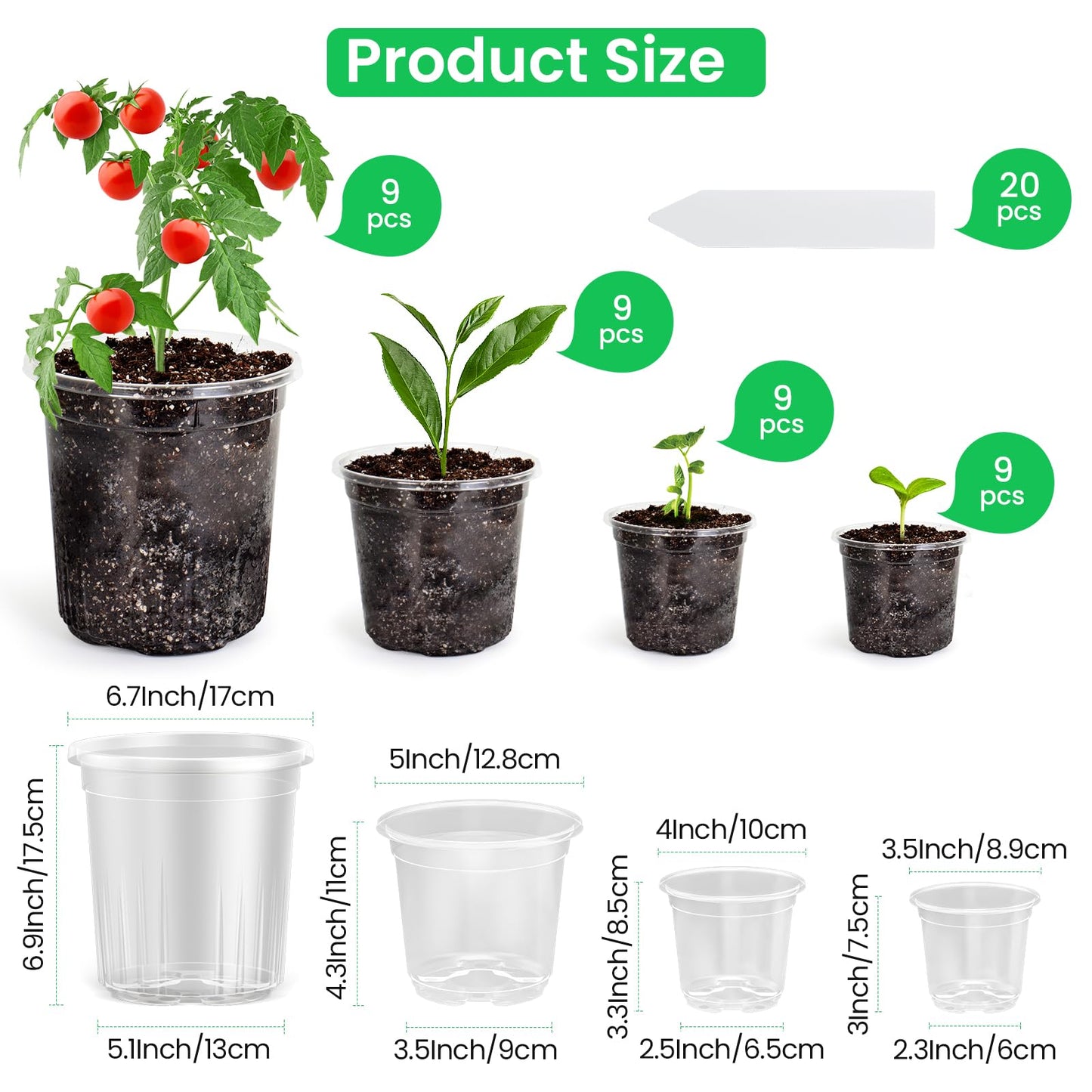 36 Packs 6.7/5/4/3.5 Inch Reinforced Clear Nursery Pots with Drainage Hole, Transparent Variety Pack Plastic Plant Pot Seedling Planter Seed Starter Flower