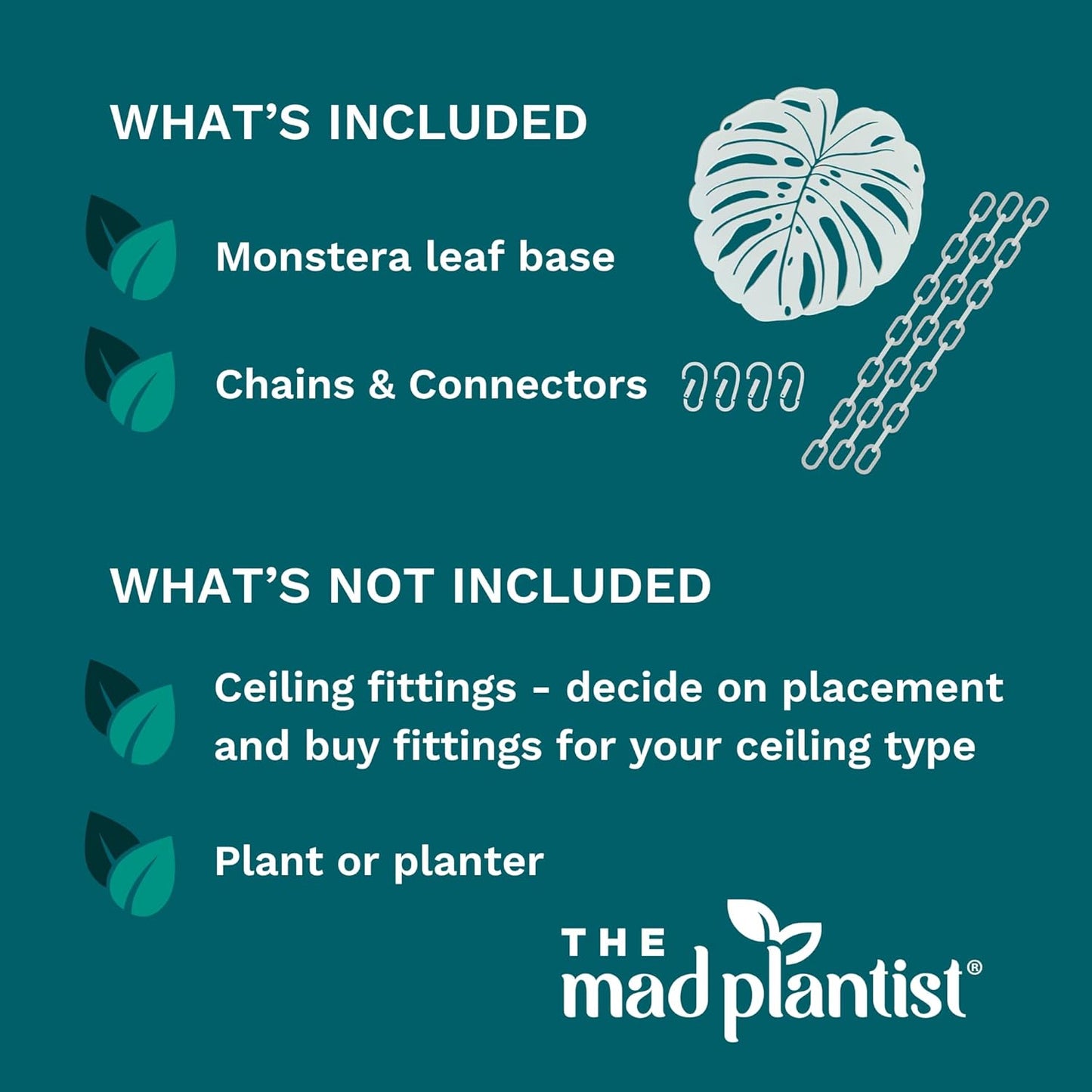 Plant Hanger - Chic White Metal Hanging Planter for Indoor Plants - Monstera Décor - Lasercut Powdercoated Steel - Unique Botanical Design - Elevate Your Jungle - White Base with Silver Chains