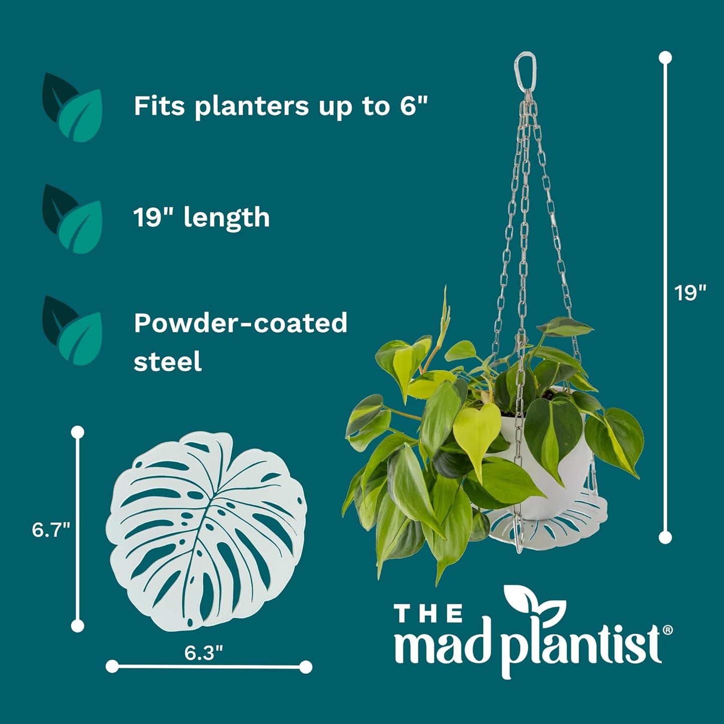 Plant Hanger - Chic White Metal Hanging Planter for Indoor Plants - Monstera Décor - Lasercut Powdercoated Steel - Unique Botanical Design - Elevate Your Jungle - White Base with Silver Chains