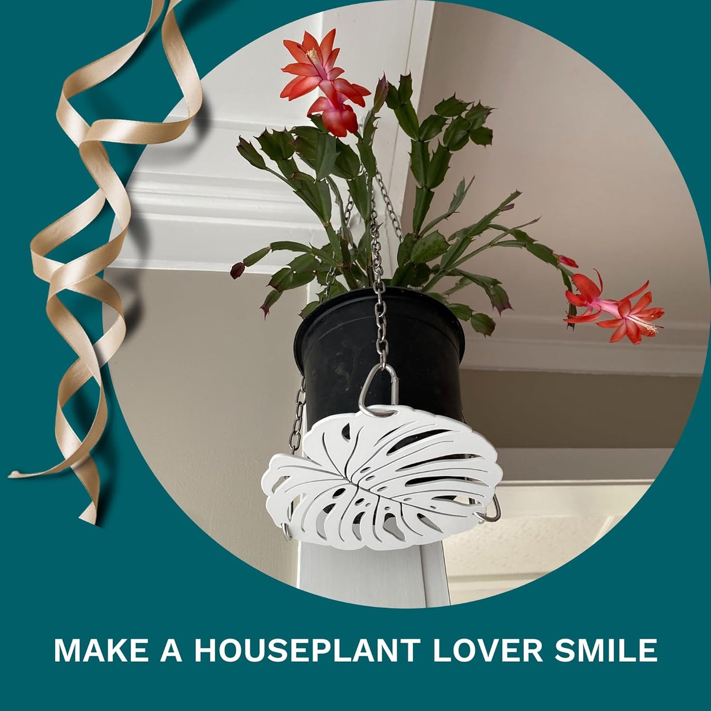 Plant Hanger - Chic White Metal Hanging Planter for Indoor Plants - Monstera Décor - Lasercut Powdercoated Steel - Unique Botanical Design - Elevate Your Jungle - White Base with Silver Chains