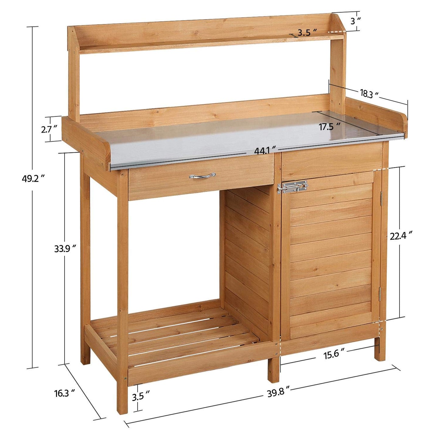 Yaheetech Outdoor Garden Potting Bench Table Work Bench Metal Tabletop W/Cabinet Drawer Open Shelf Natural Wood