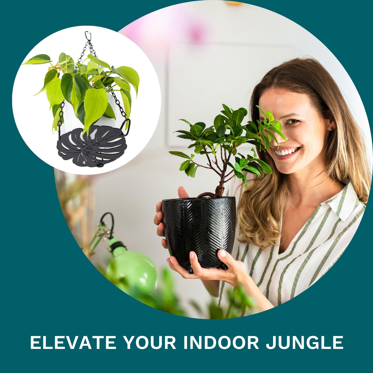 Plant Hanger - Chic Black Metal Hanging Planter for Indoor Plants - Monstera Décor - Lasercut Powdercoated Steel - Unique Botanical Design - Clear Your Benchtop - Elevate Your Jungle