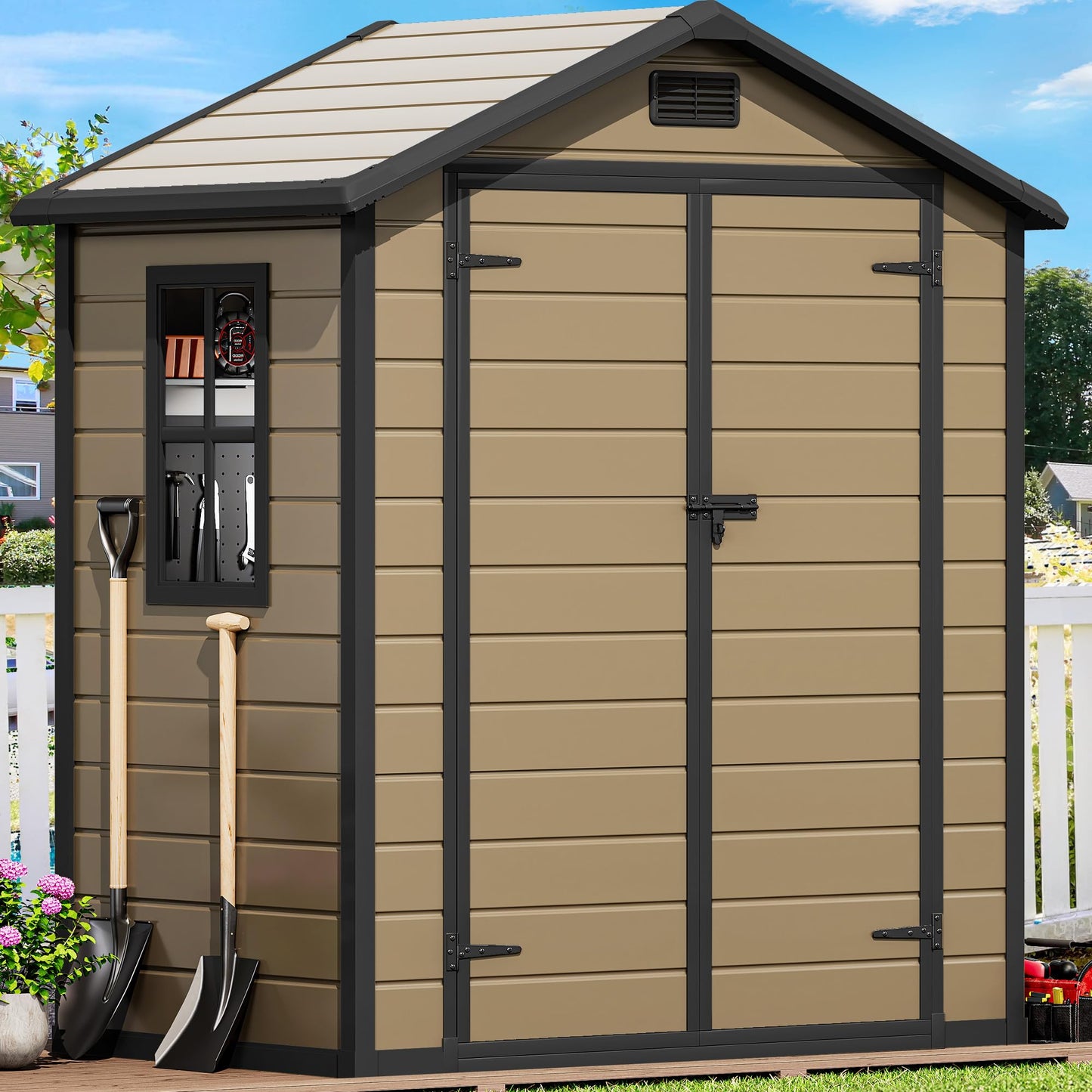 DWVO 6.2x3.4 FT Resin Storage Shed with Reinforced Floor, Outdoor Storage Shed with Lockable Door, Window and Vents, Waterproof Plastic Tool Storage for Garden, Backyard, Patio, Lawn