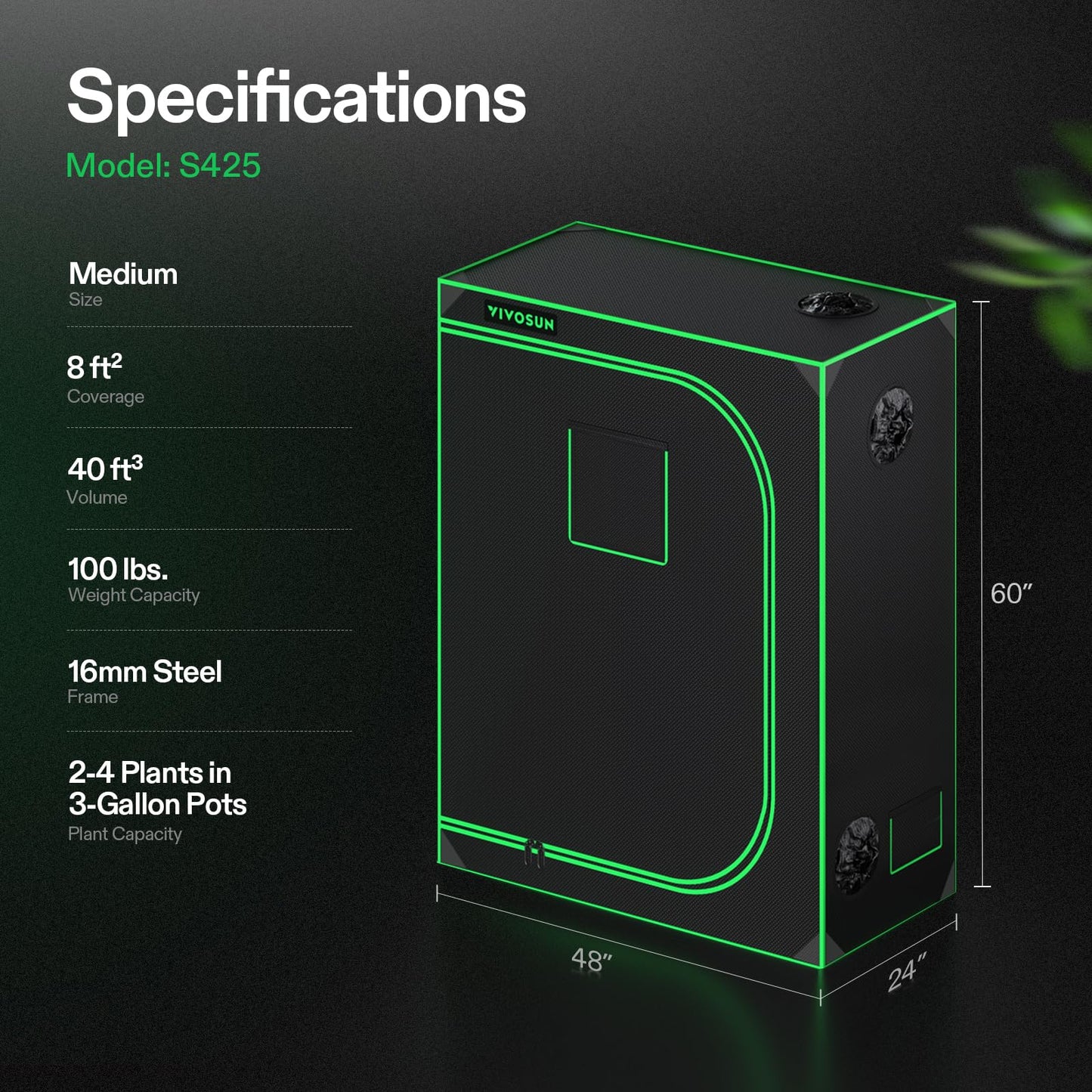 VIVOSUN S448 4x4 Grow Tent, 48"x48"x80" High Reflective Mylar with Observation Window and Floor Tray for Hydroponics Indoor Plant for VS4000/VSF4300