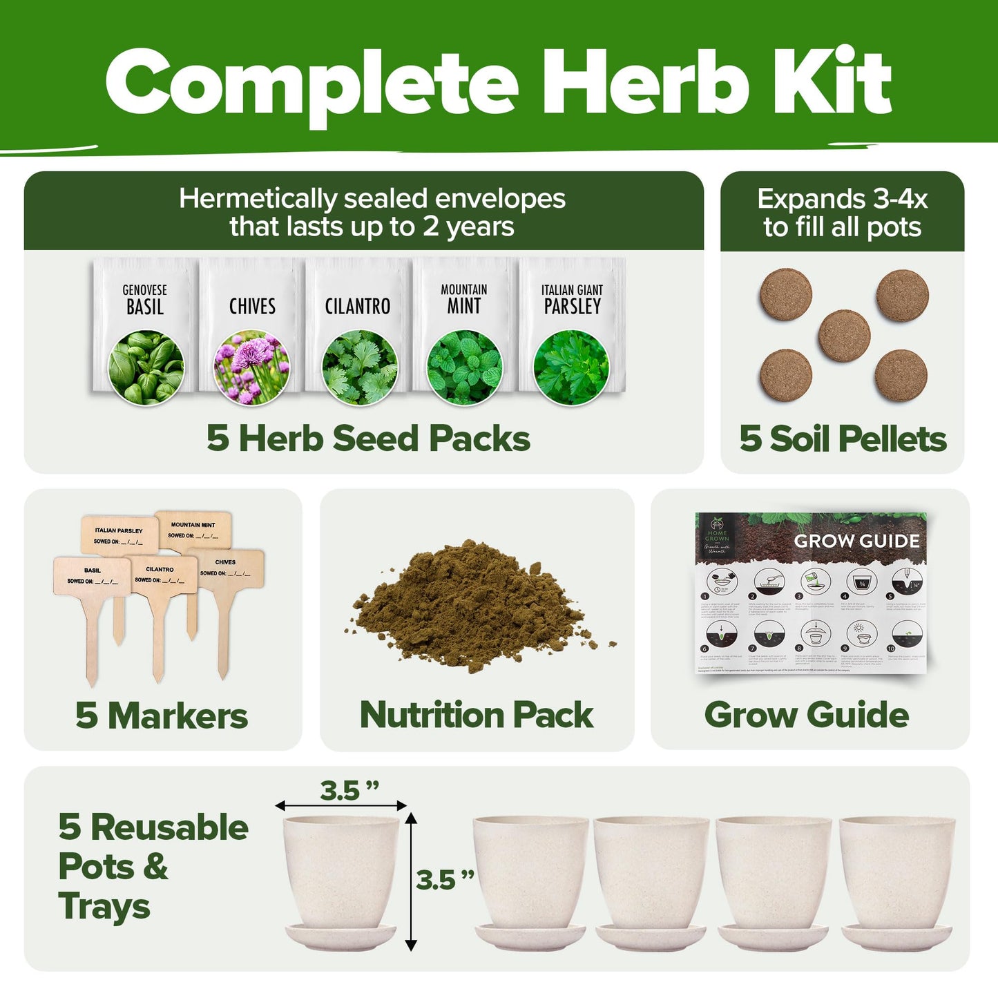 Home Grown Indoor Herb Garden Starter Kit - Christmas Gift for Gardeners - Complete 5 Herb Plant Grow Kit - Unique Gift for Mom, Women, Her, Men