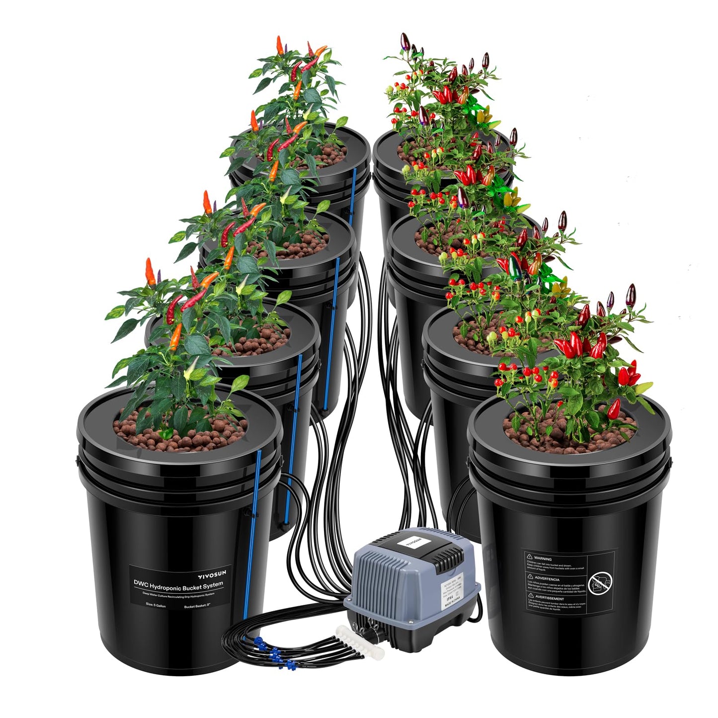 VIVOSUN DWC Hydroponics Grow System with Top Drip Kit, 5-Gallon Deep Water Culture, Recirculating Drip Garden System with Multi-Purpose Air Hose, Air Pump, and Air Stone (4 Buckets + Top Drip Kit)