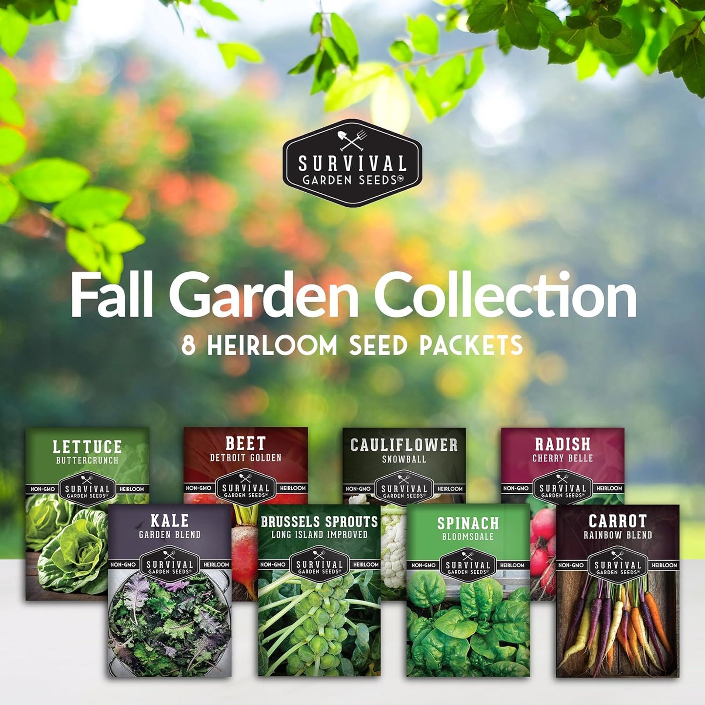 Fall Vegetable Seed Collection - 8 Packs of Non-GMO Heirloom Open-Pollinated Vegetables - Plant in Late Summer for Autumn Harvest - Seed Saver Instructions on Packets - Survival Garden Seeds