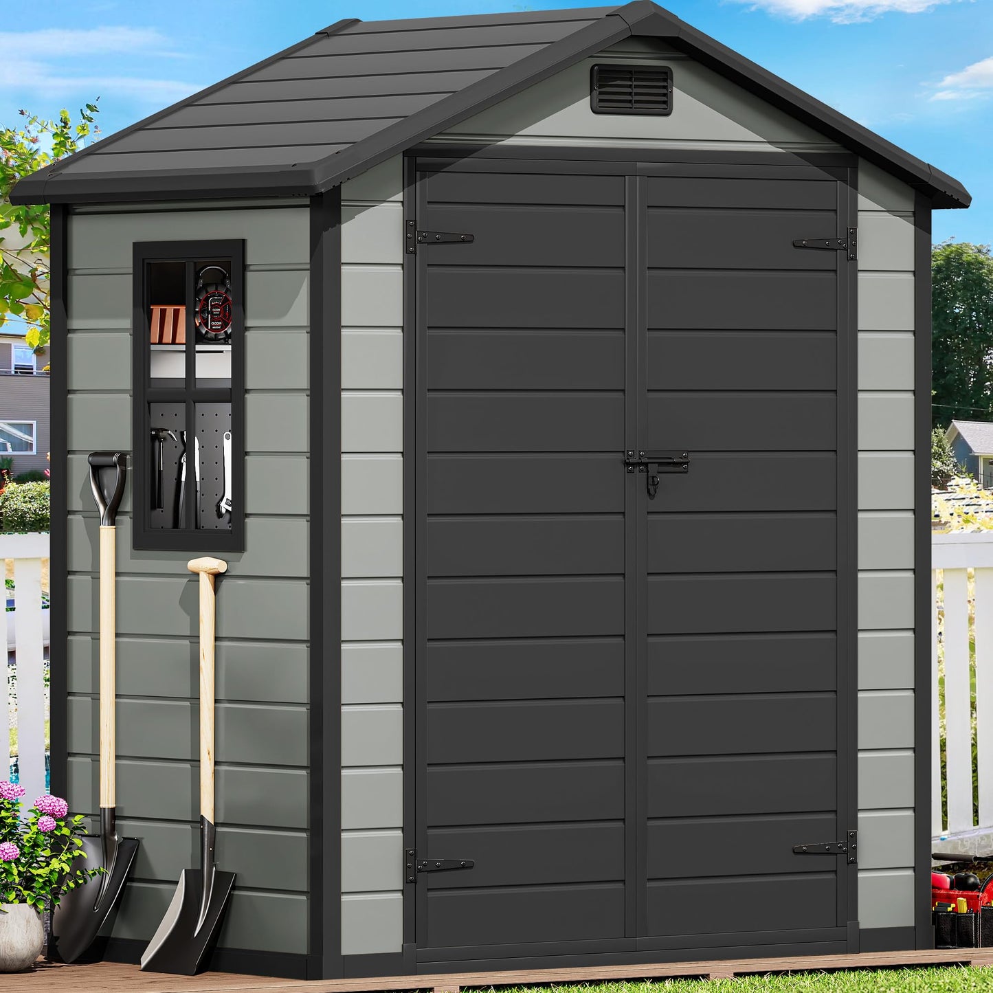 DWVO 6.2x3.4 FT Resin Storage Shed with Reinforced Floor, Outdoor Storage Shed with Lockable Door, Window and Vents, Waterproof Plastic Tool Storage for Garden, Backyard, Patio, Lawn