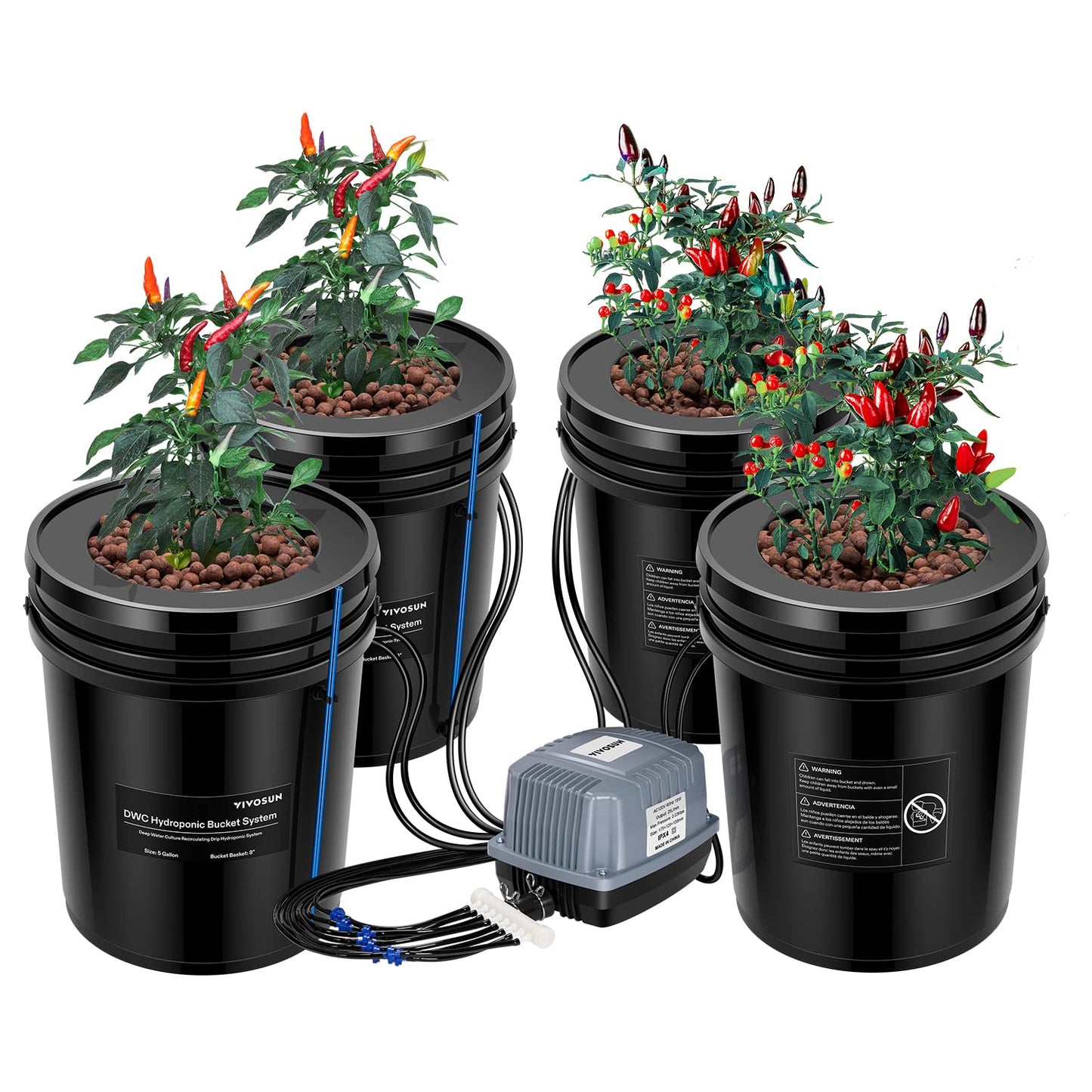 VIVOSUN DWC Hydroponics Grow System with Top Drip Kit, 5-Gallon Deep Water Culture, Recirculating Drip Garden System with Multi-Purpose Air Hose, Air Pump, and Air Stone (4 Buckets + Top Drip Kit)